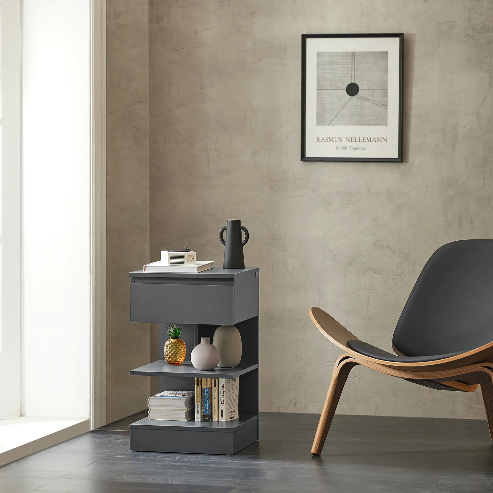 SoBuy FBT49-HGx2 Nachtkastjes – Set van 2 | Met Lade & 2 Planken | Moderne Bijzettafel voor Slaapkamer & Woonkamer | Grijs 39×39×65 cm - Image 4