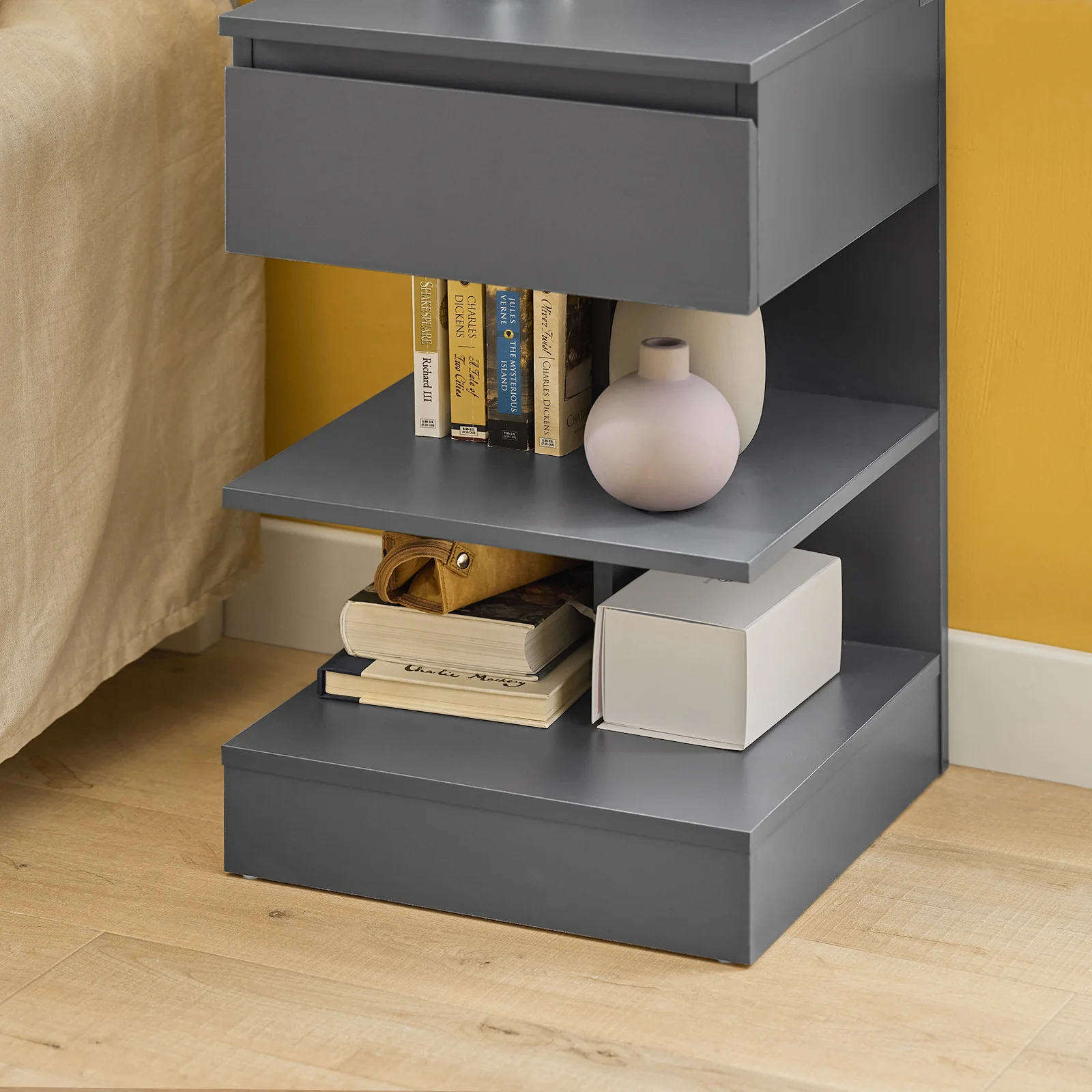 SoBuy FBT49-HGx2 Nachtkastjes – Set van 2 | Met Lade & 2 Planken | Moderne Bijzettafel voor Slaapkamer & Woonkamer | Grijs 39×39×65 cm - Image 6