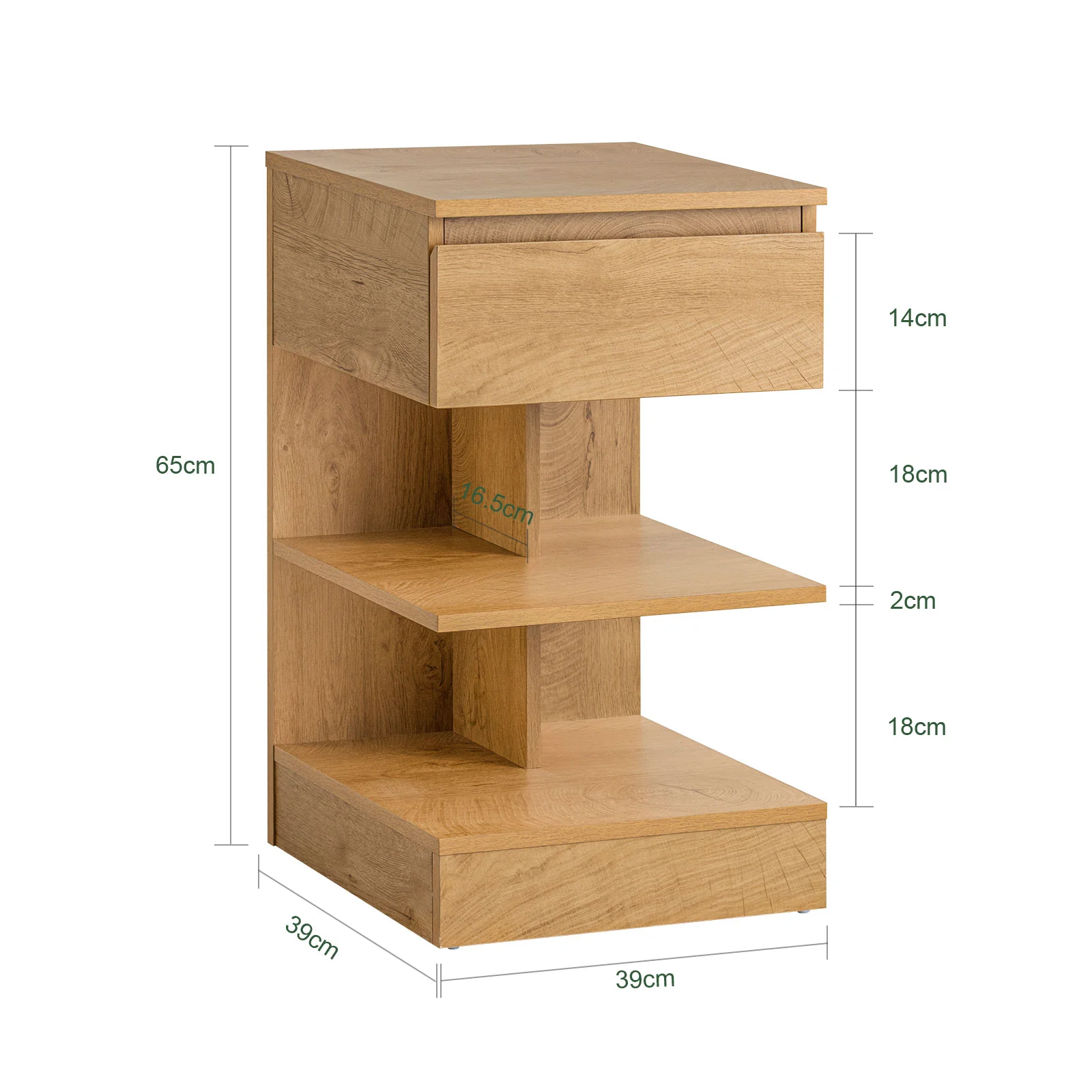 SoBuy FBT49-N Nachtkastje met Lade & 2 Open Vakken – Modern Bijzettafeltje voor Slaapkamer of Woonkamer, 39×39×65 cm, Naturel - Image 5