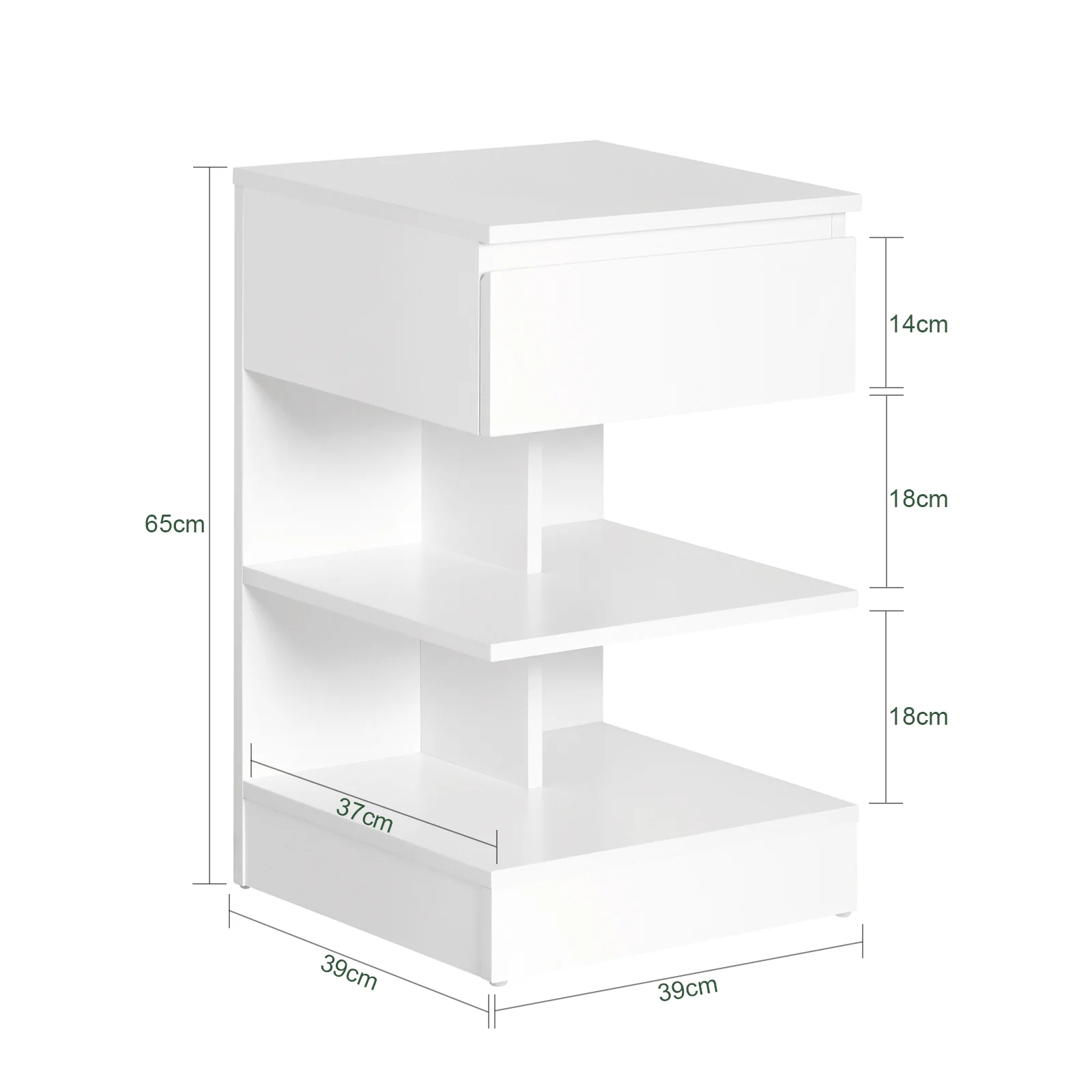 SoBuy FBT49-Wx2 Set van 2 Nachtkastjes met Lade & 2 Open Planken – Modern Bijzettafeltje voor Slaapkamer – Wit 39×39×65 cm - Image 5