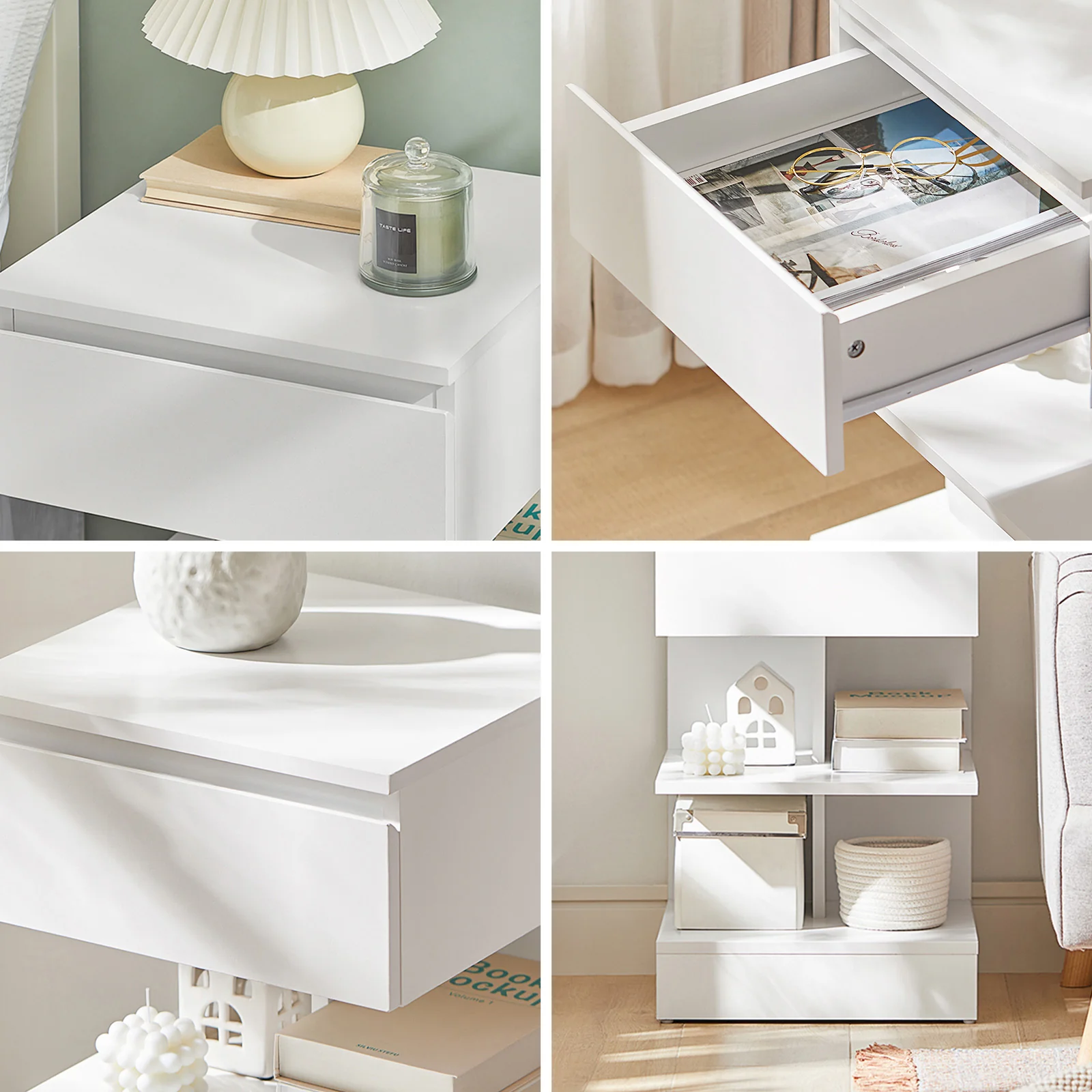 SoBuy FBT49-Wx2 Set van 2 Nachtkastjes met Lade & 2 Open Planken – Modern Bijzettafeltje voor Slaapkamer – Wit 39×39×65 cm - Image 6
