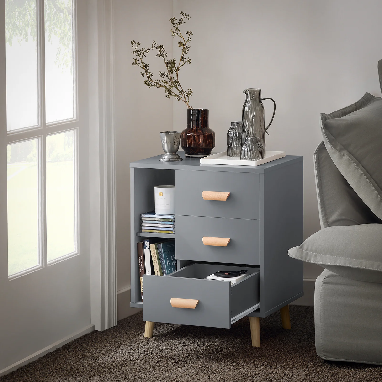 SoBuy FBT95-HG Side Table End of Sofa Nachtkastje Nachtkastje met 3 lades en 2 opbergplanken - Image 4
