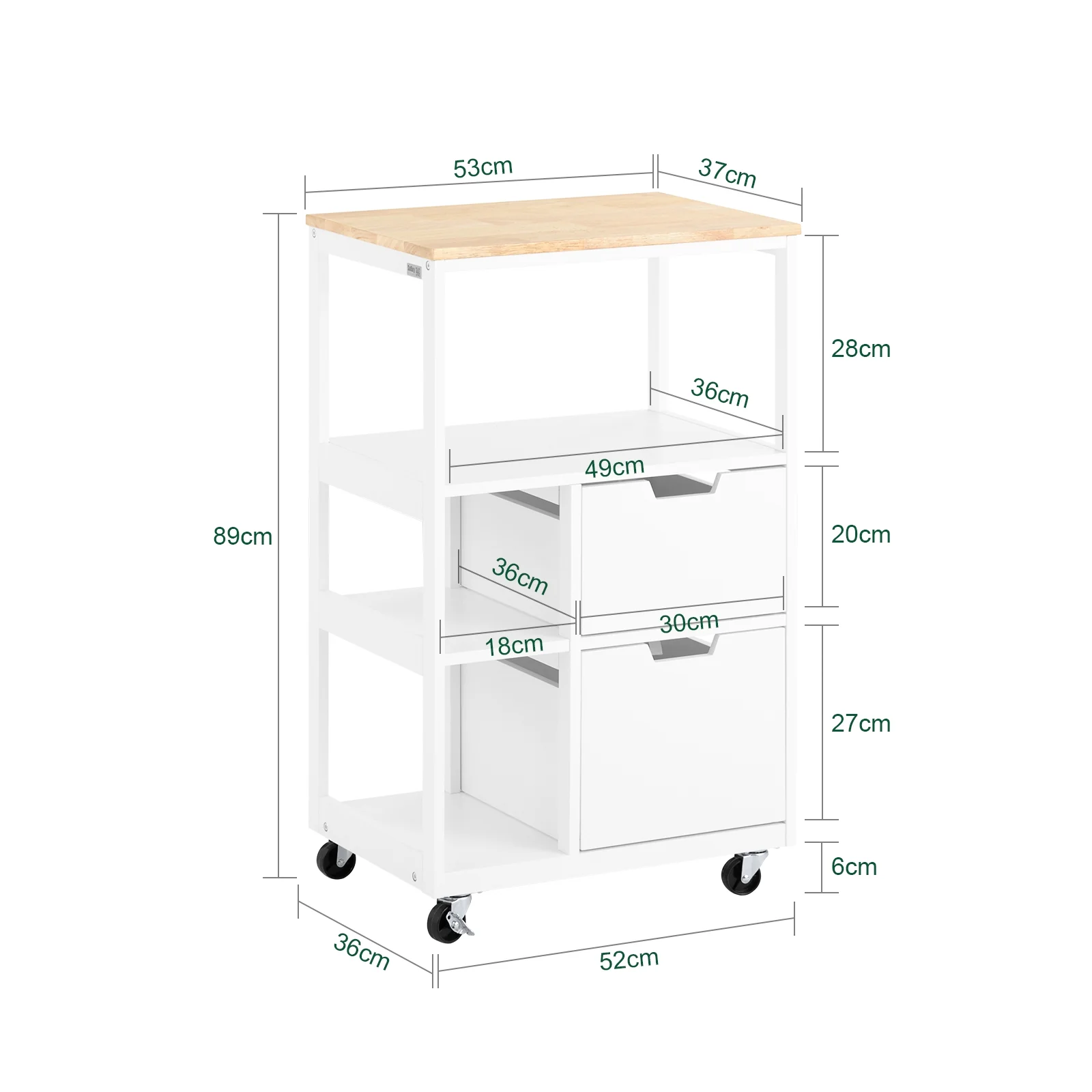 Pre-order SoBuy FKW111-WN Keukenwagen met 2 laden en 3 planken Serveerwagen Bijzetwagen Trolley Theewagen Barwagen Keukenrek met wieltjes - Image 5