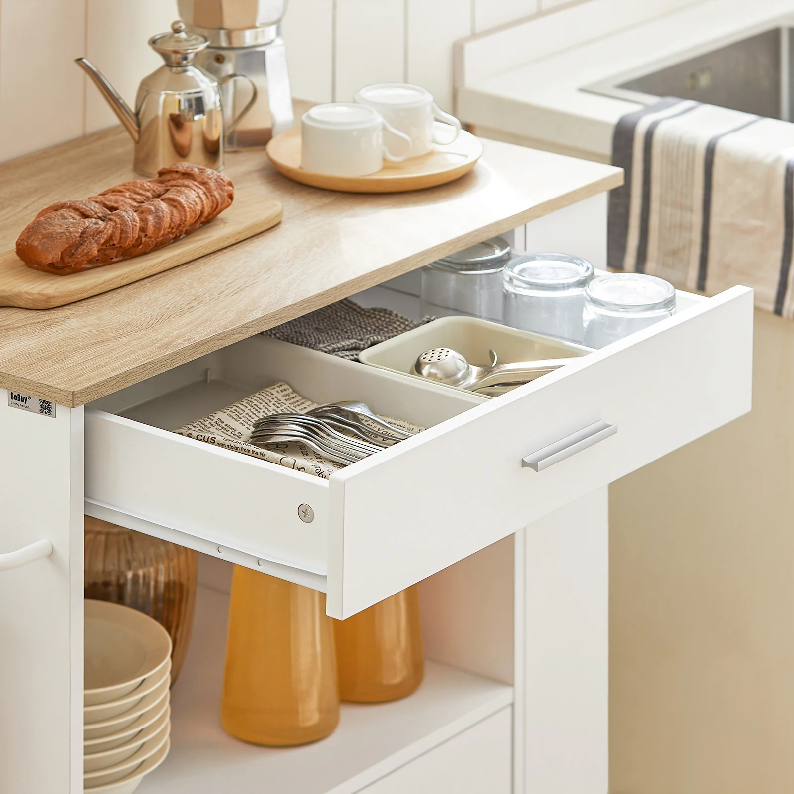 SoBuy FKW113-WN Keukentrolley op Wieltjes – Keukenopbergmeubel met Lade en Deurtjes – Wit, 75x46x83 cm - Image 11