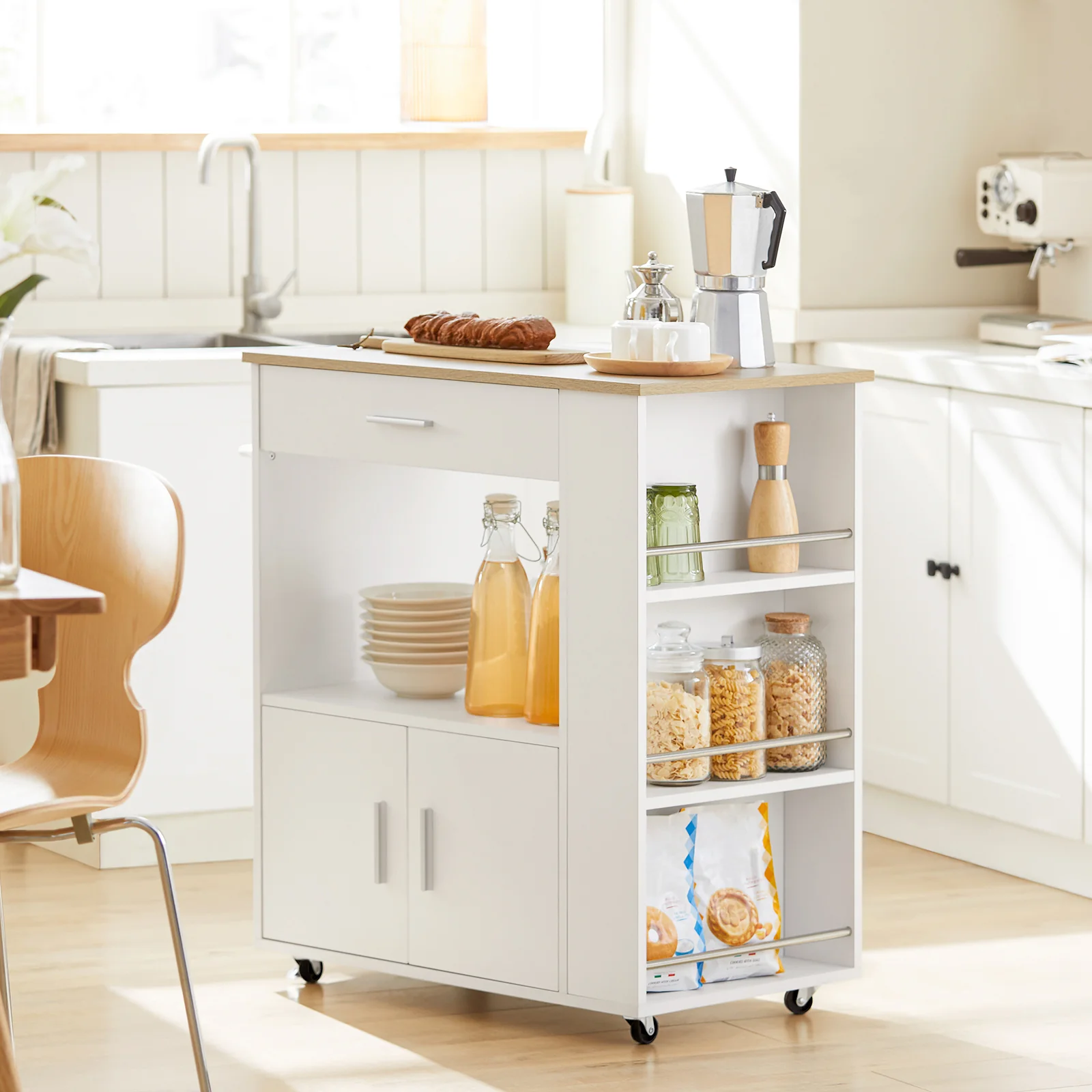 SoBuy FKW113-WN Keukentrolley op Wieltjes – Keukenopbergmeubel met Lade en Deurtjes – Wit, 75x46x83 cm - Image 3
