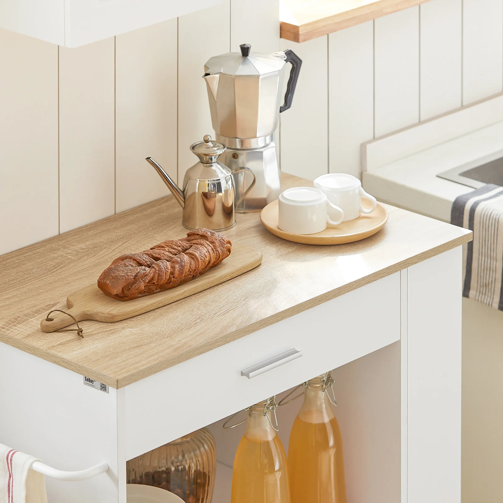 SoBuy FKW113-WN Keukentrolley op Wieltjes – Keukenopbergmeubel met Lade en Deurtjes – Wit, 75x46x83 cm - Image 6