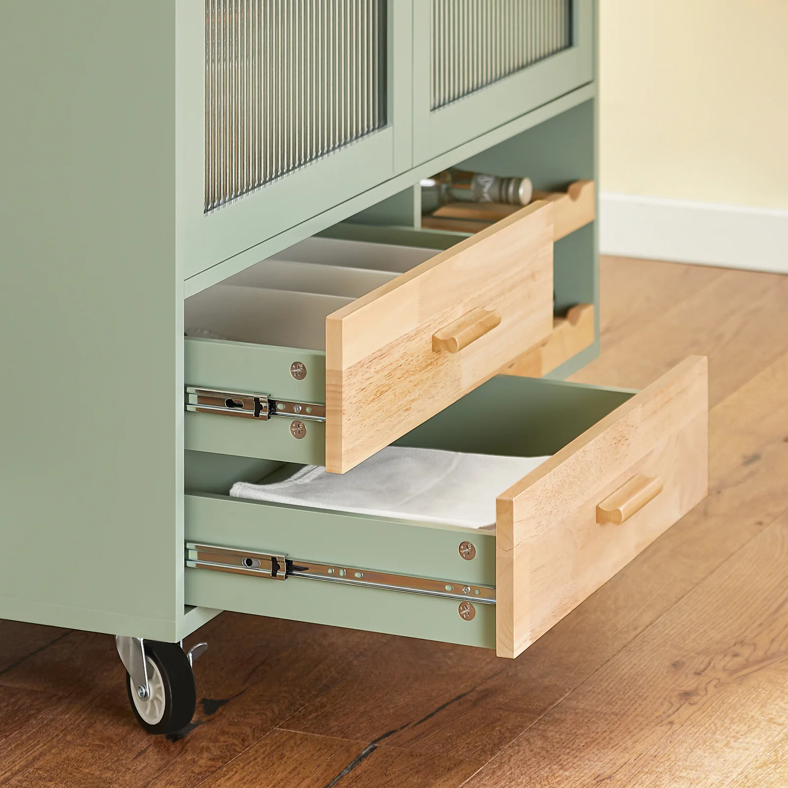 SoBuy FKW114-GR Mobiele Keukenkast met Houten Werkblad - Centrale Keukeneiland voor Eetkamer, Groen en Natuurlijk Design, 109 × 40 × 92 cm - Image 11