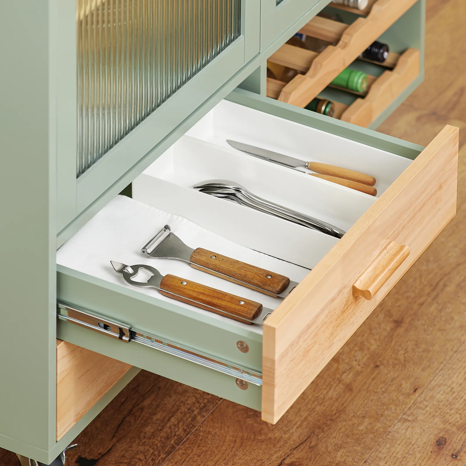 SoBuy FKW114-GR Mobiele Keukenkast met Houten Werkblad - Centrale Keukeneiland voor Eetkamer, Groen en Natuurlijk Design, 109 × 40 × 92 cm - Image 12