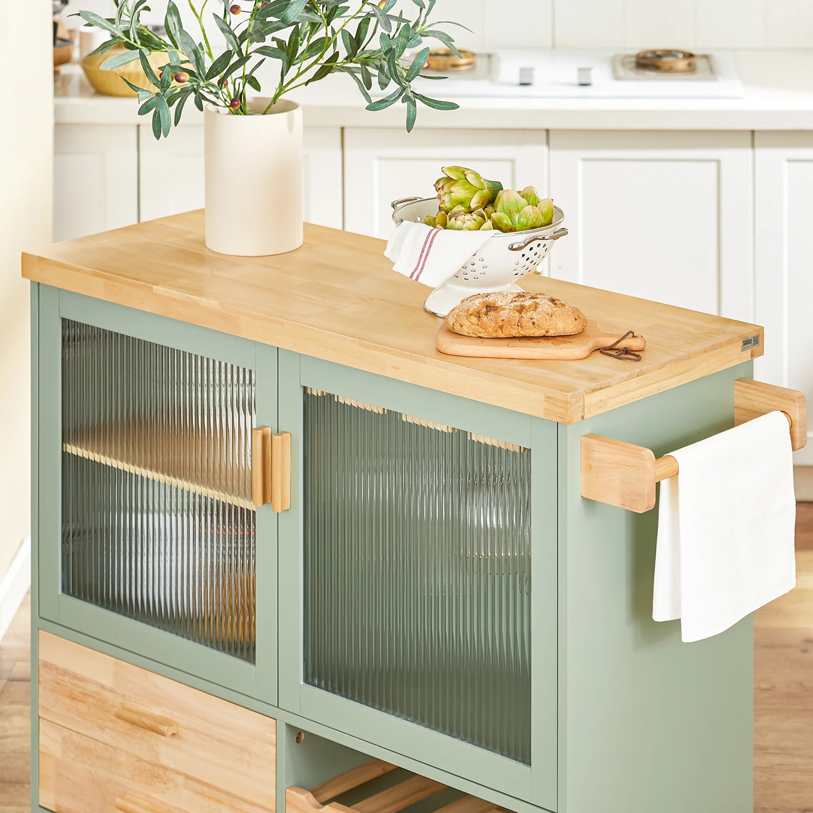 SoBuy FKW114-GR Mobiele Keukenkast met Houten Werkblad - Centrale Keukeneiland voor Eetkamer, Groen en Natuurlijk Design, 109 × 40 × 92 cm - Image 14