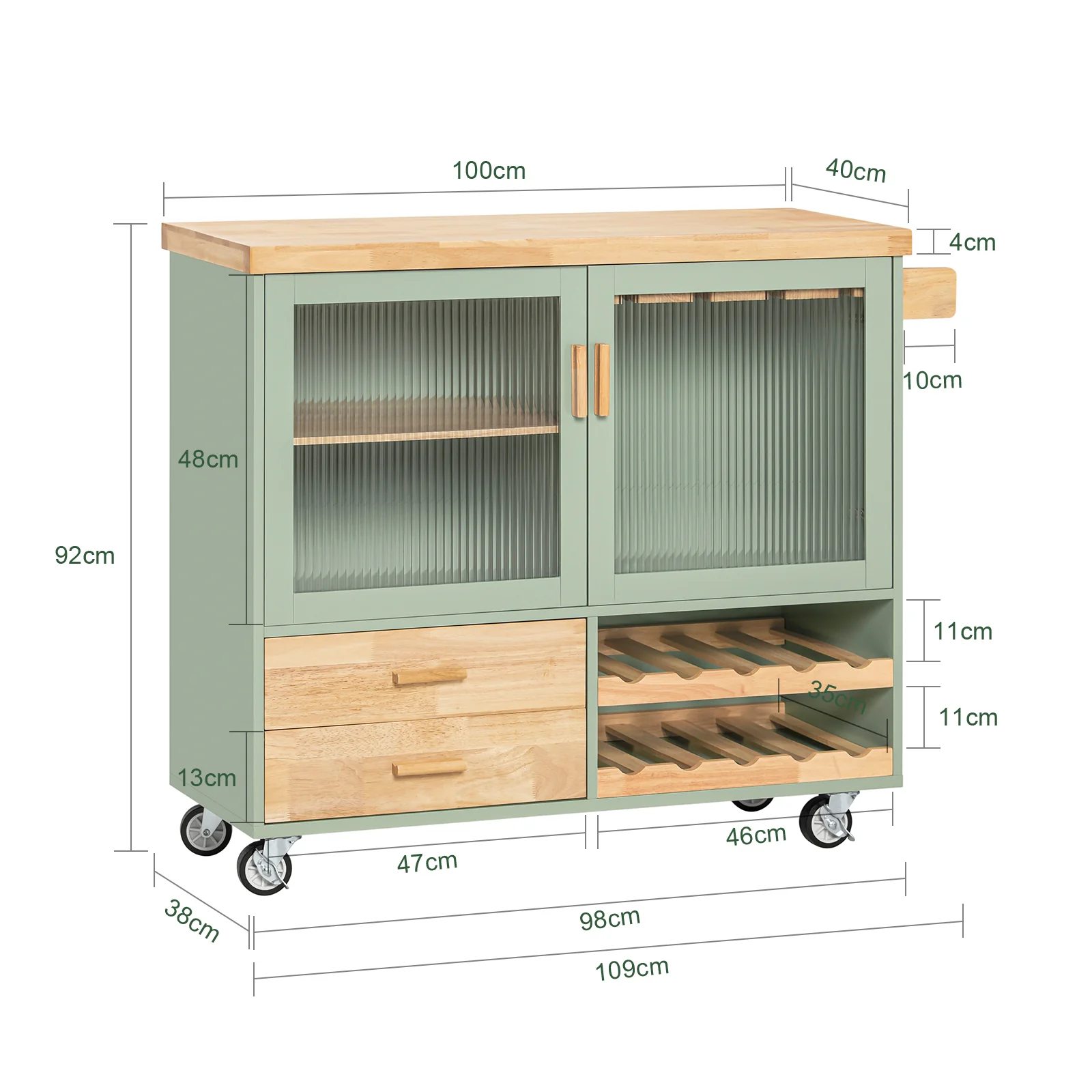 SoBuy FKW114-GR Mobiele Keukenkast met Houten Werkblad - Centrale Keukeneiland voor Eetkamer, Groen en Natuurlijk Design, 109 × 40 × 92 cm - Image 5