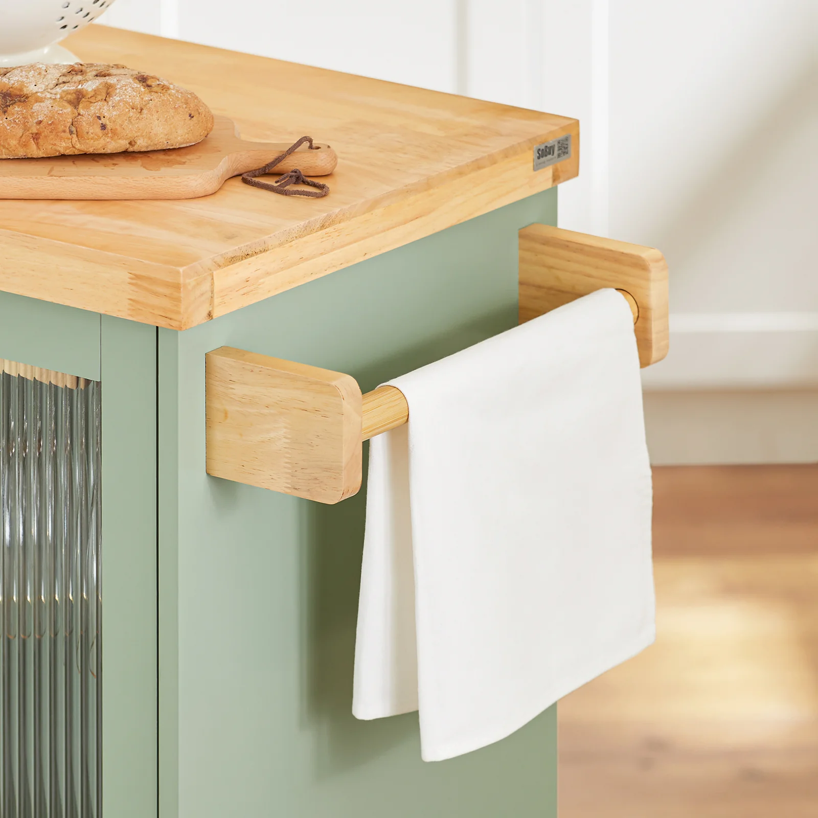 SoBuy FKW114-GR Mobiele Keukenkast met Houten Werkblad - Centrale Keukeneiland voor Eetkamer, Groen en Natuurlijk Design, 109 × 40 × 92 cm - Image 6
