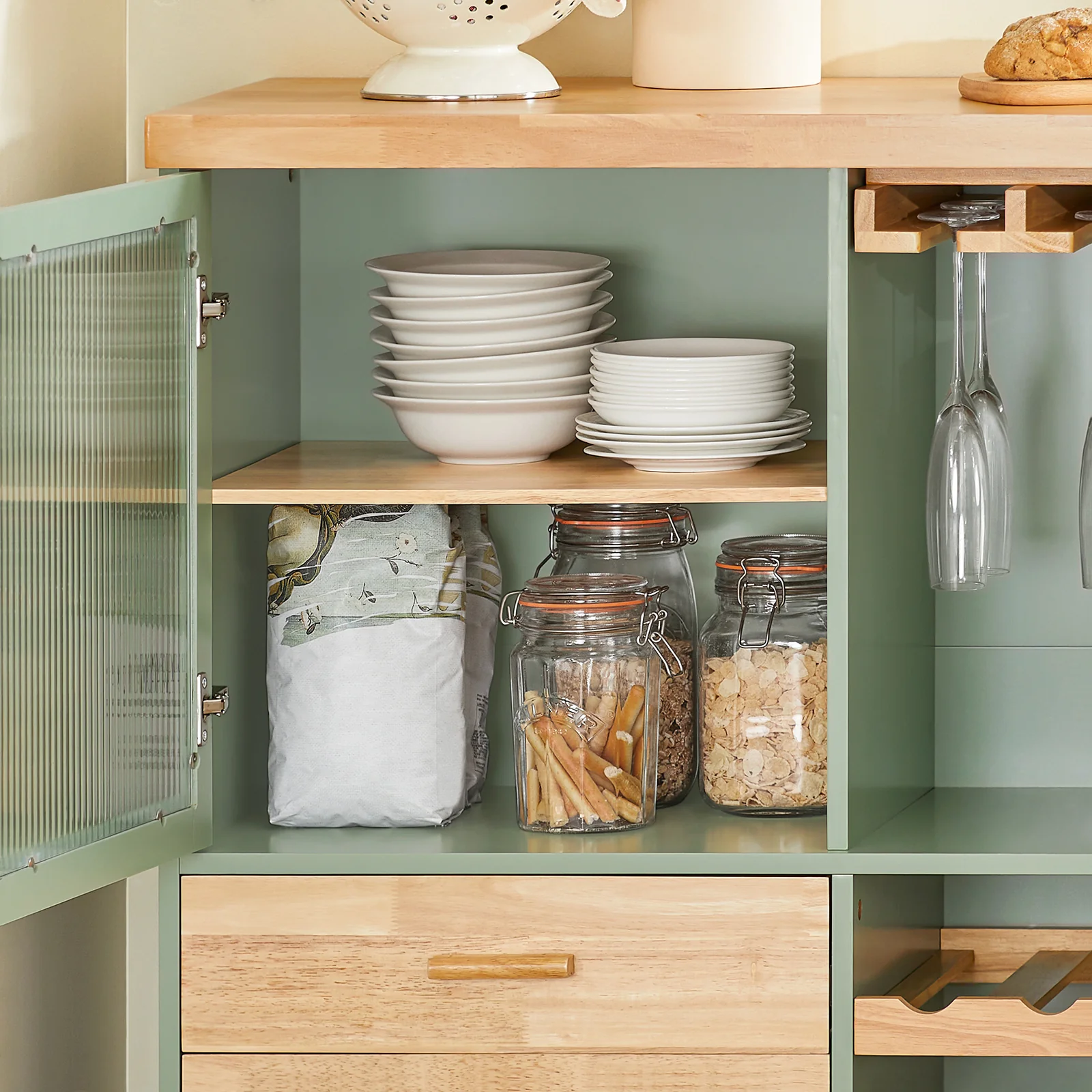 SoBuy FKW114-GR Mobiele Keukenkast met Houten Werkblad - Centrale Keukeneiland voor Eetkamer, Groen en Natuurlijk Design, 109 × 40 × 92 cm - Image 7
