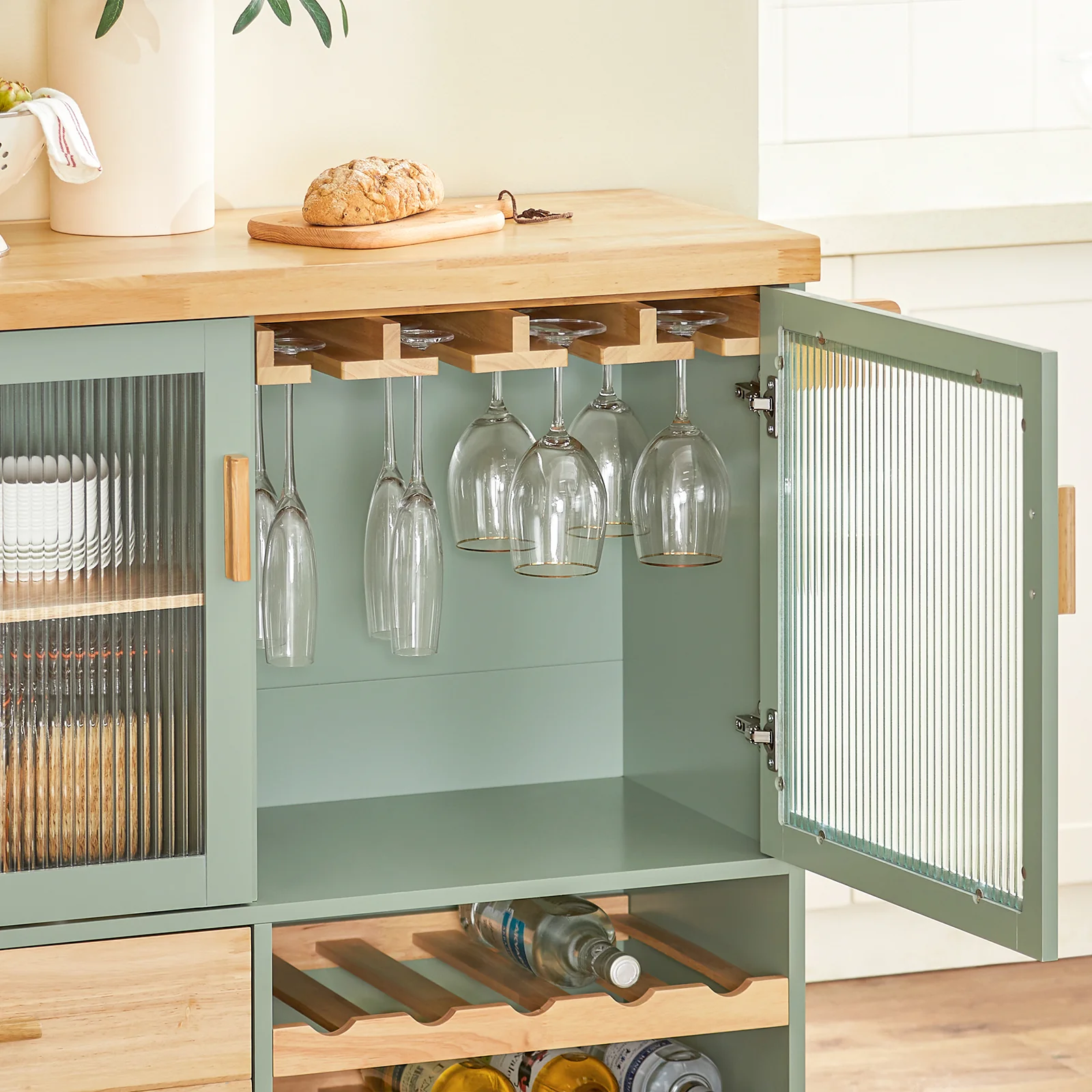 SoBuy FKW114-GR Mobiele Keukenkast met Houten Werkblad - Centrale Keukeneiland voor Eetkamer, Groen en Natuurlijk Design, 109 × 40 × 92 cm - Image 8