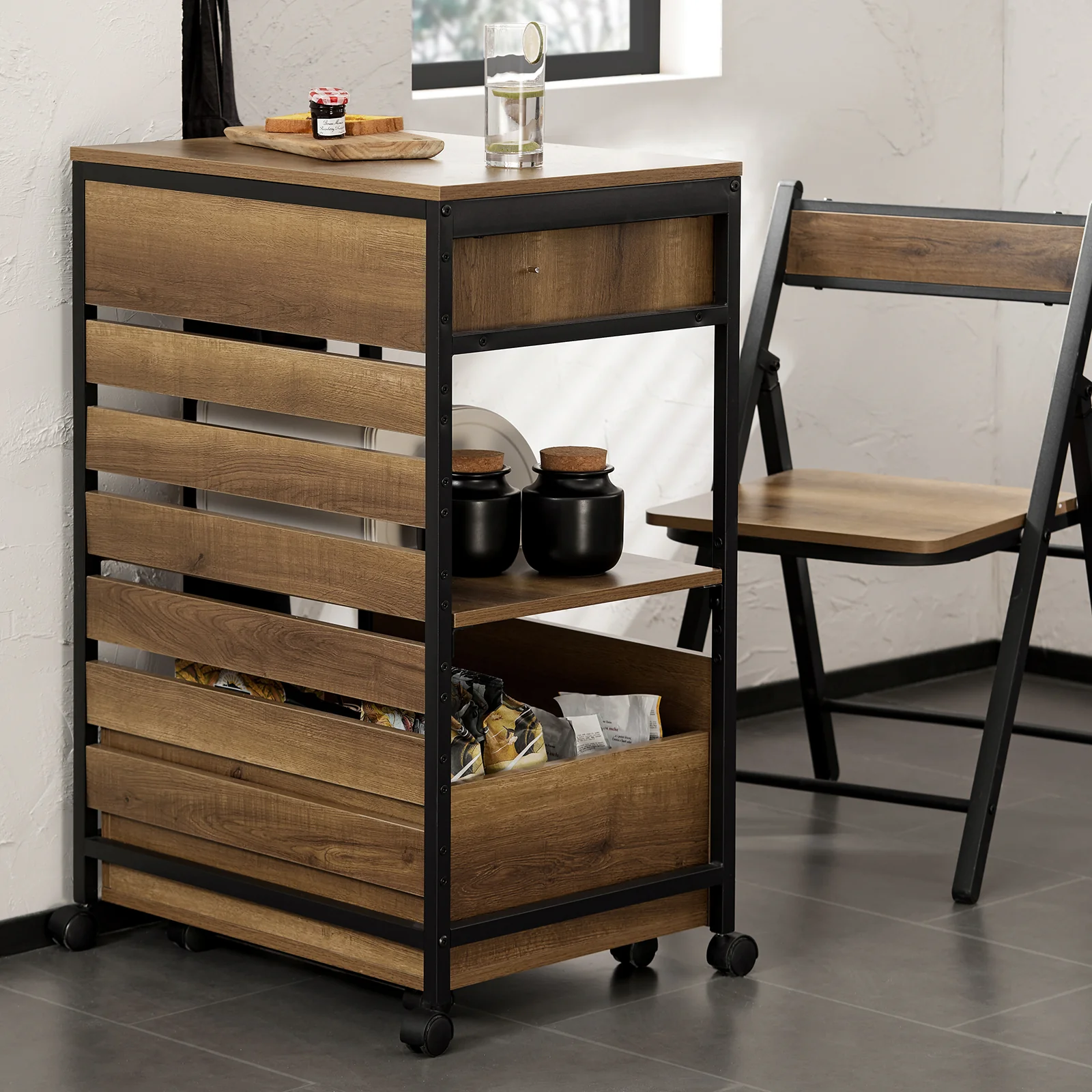 SoBuy FKW118-PF Keukentrolley met Wielen – Compact Keukenkastje met 2 Lades en Opbergvak, Industrieel Staal & Hout, 60×45×90 cm - Image 5