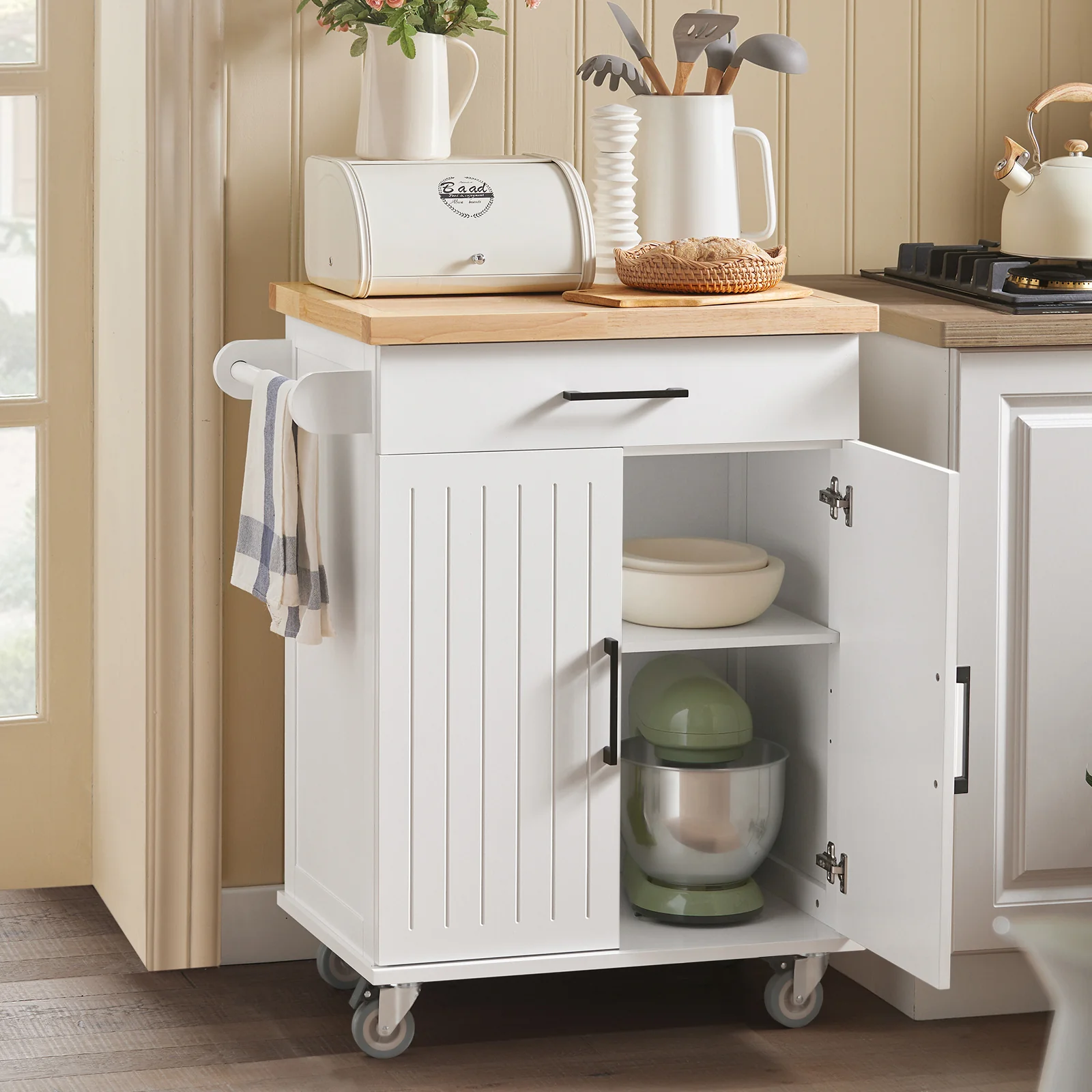 SoBuy FKW119-WN Keukentrolley, Keukenwagen, Serveerwagen, Keukenrolwagen, Keukenkast, Eetkamerkast, Buffet, Dressoir, met 1 Lade, 2 Deuren en 1 Heedoekhouder, Wit, 74,5x91x45,5 cm - Image 3