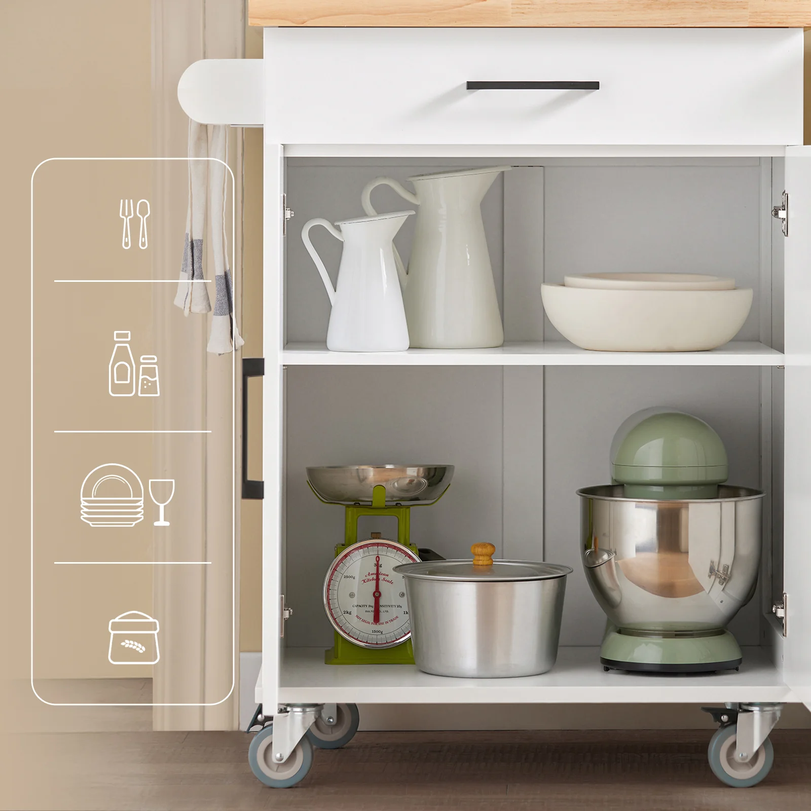 SoBuy FKW119-WN Keukentrolley, Keukenwagen, Serveerwagen, Keukenrolwagen, Keukenkast, Eetkamerkast, Buffet, Dressoir, met 1 Lade, 2 Deuren en 1 Heedoekhouder, Wit, 74,5x91x45,5 cm - Image 4