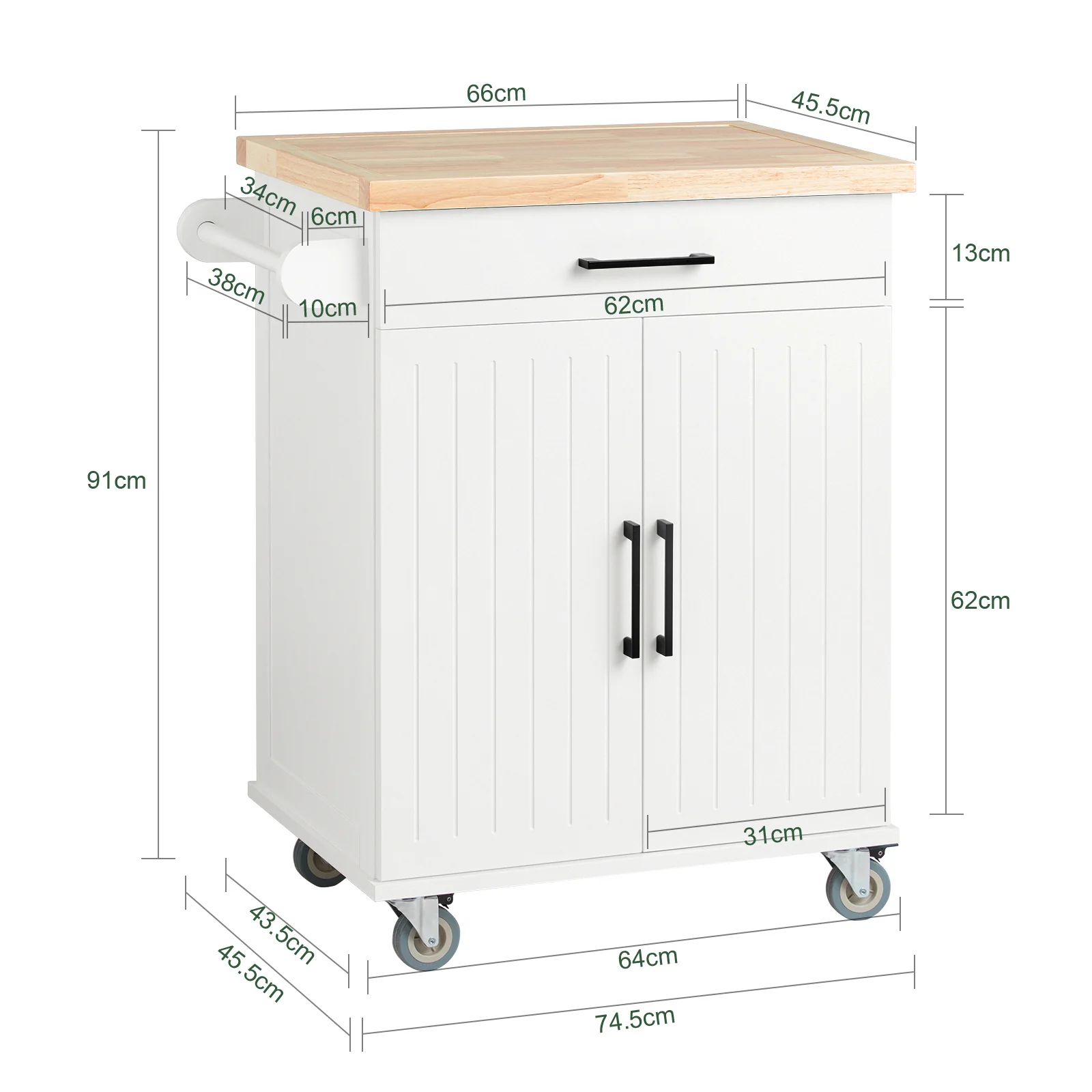 SoBuy FKW119-WN Keukentrolley, Keukenwagen, Serveerwagen, Keukenrolwagen, Keukenkast, Eetkamerkast, Buffet, Dressoir, met 1 Lade, 2 Deuren en 1 Heedoekhouder, Wit, 74,5x91x45,5 cm - Image 5
