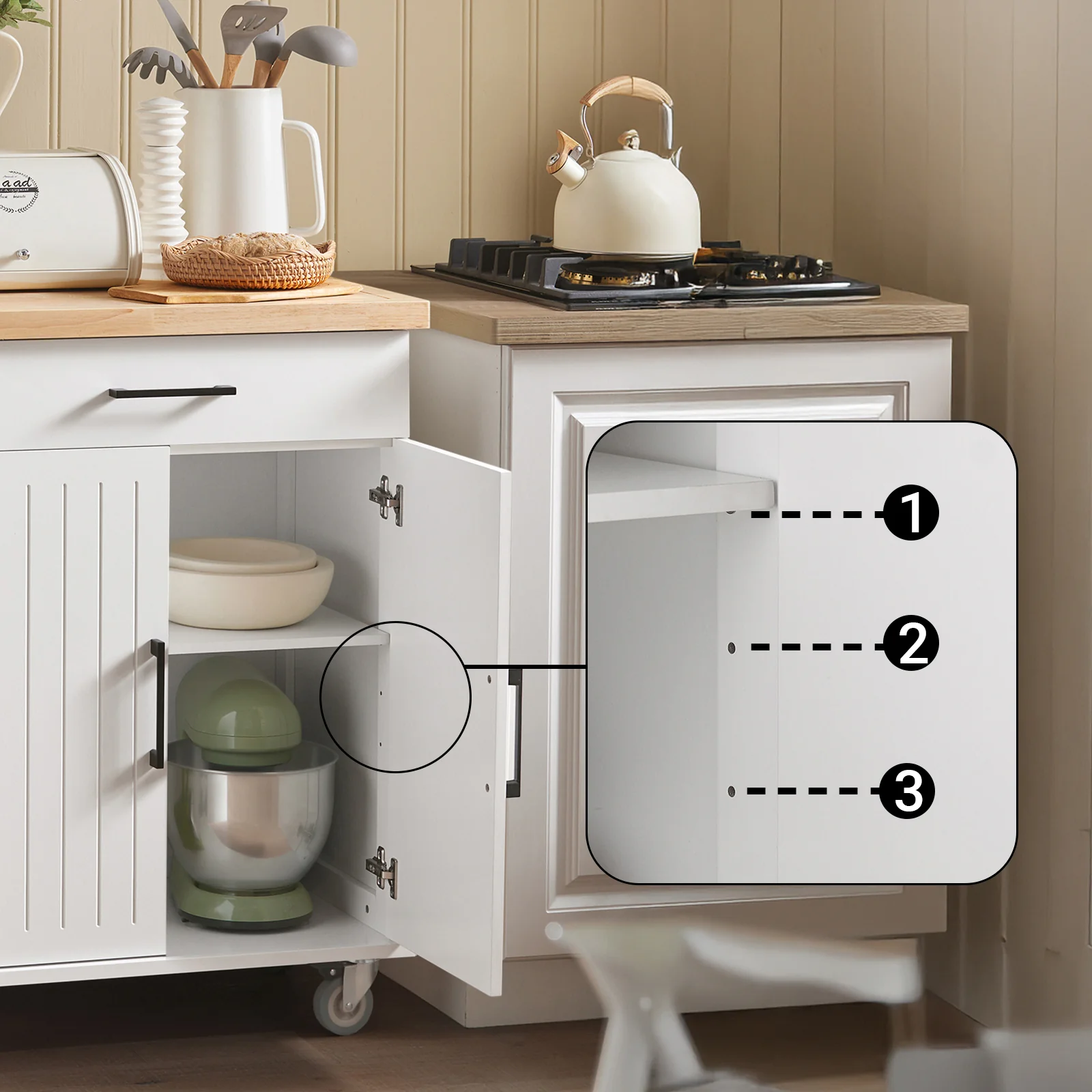 SoBuy FKW119-WN Keukentrolley, Keukenwagen, Serveerwagen, Keukenrolwagen, Keukenkast, Eetkamerkast, Buffet, Dressoir, met 1 Lade, 2 Deuren en 1 Heedoekhouder, Wit, 74,5x91x45,5 cm - Image 7