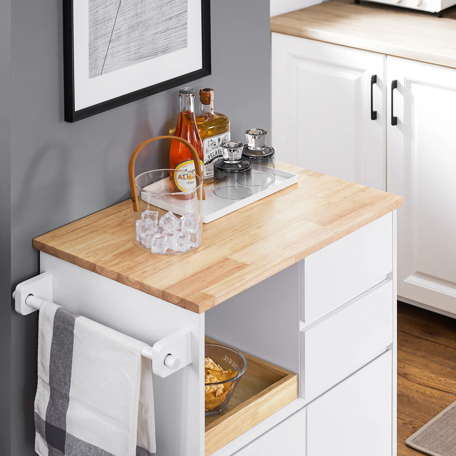 SoBuy FKW123-WN Keukentrolley met Wieltjes en Lades – Compact Keukeneiland met Opbergruimte, Houten Werkblad, Wit, 72×40×84 cm - Image 11