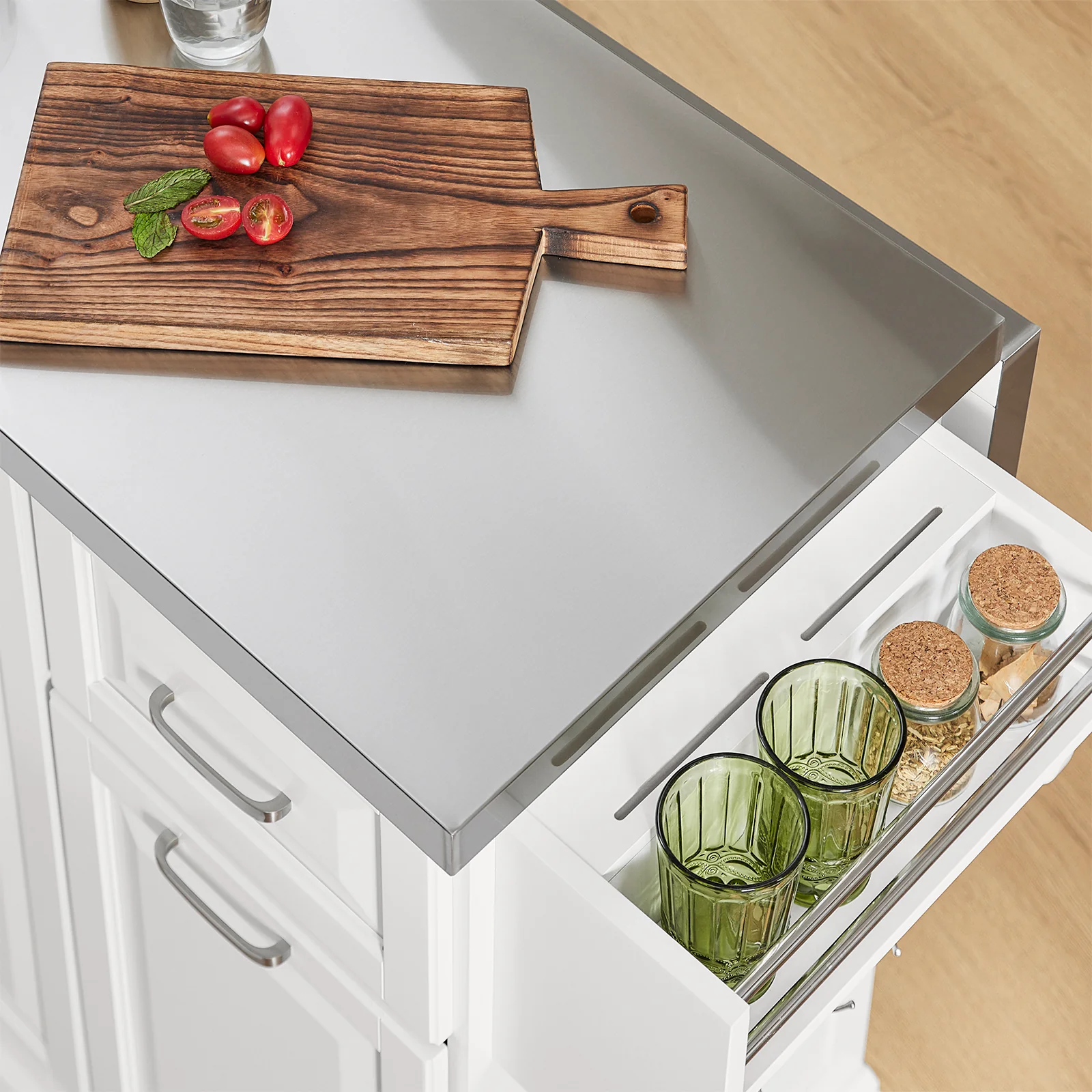 SoBuy FKW128-ST Keukentrolley op Wielen, Keukeneiland met Uitschuifbaar Werkblad, Mobiele Keukentrolley voor Keuken of Eetkamer, Keukenmeubel met Opbergruimte, Wit, 130 x 46/71 x 91 cm - Image 12