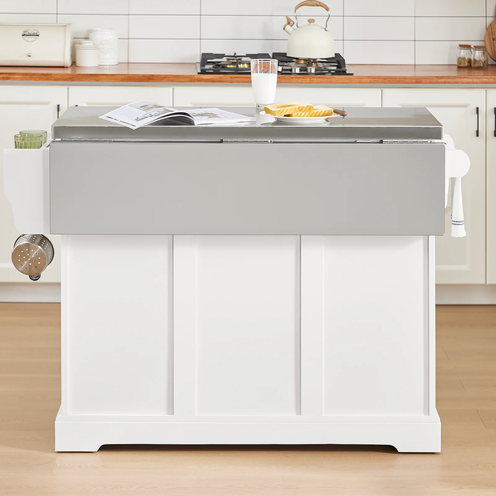 SoBuy FKW128-ST Keukentrolley op Wielen, Keukeneiland met Uitschuifbaar Werkblad, Mobiele Keukentrolley voor Keuken of Eetkamer, Keukenmeubel met Opbergruimte, Wit, 130 x 46/71 x 91 cm - Image 14