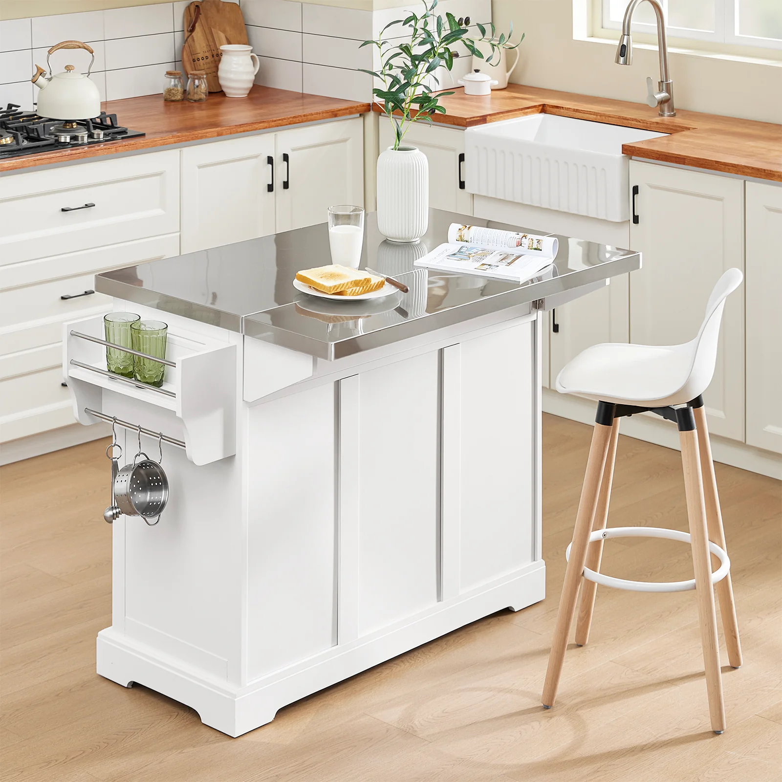 SoBuy FKW128-ST Keukentrolley op Wielen, Keukeneiland met Uitschuifbaar Werkblad, Mobiele Keukentrolley voor Keuken of Eetkamer, Keukenmeubel met Opbergruimte, Wit, 130 x 46/71 x 91 cm - Image 4