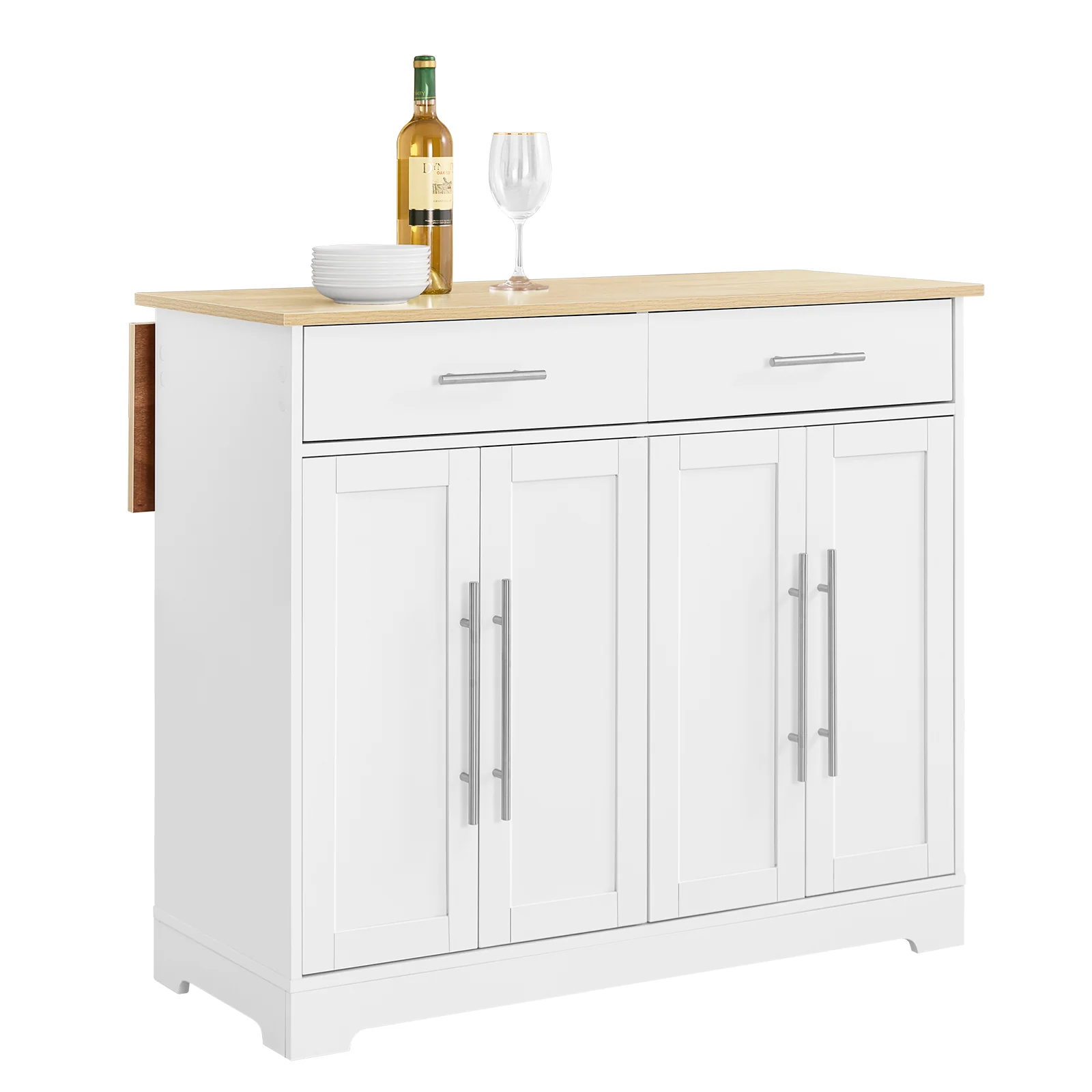 Pre-order SoBuy FKW129-WN Keukentrolley op Wielen – Keukeneiland met Uitschuifbaar Werkblad, 2 Lades en Verstelbare Planken – Mobiele Keukenwagen of Eettafelkast, Wit 113x91x(44-69) cm