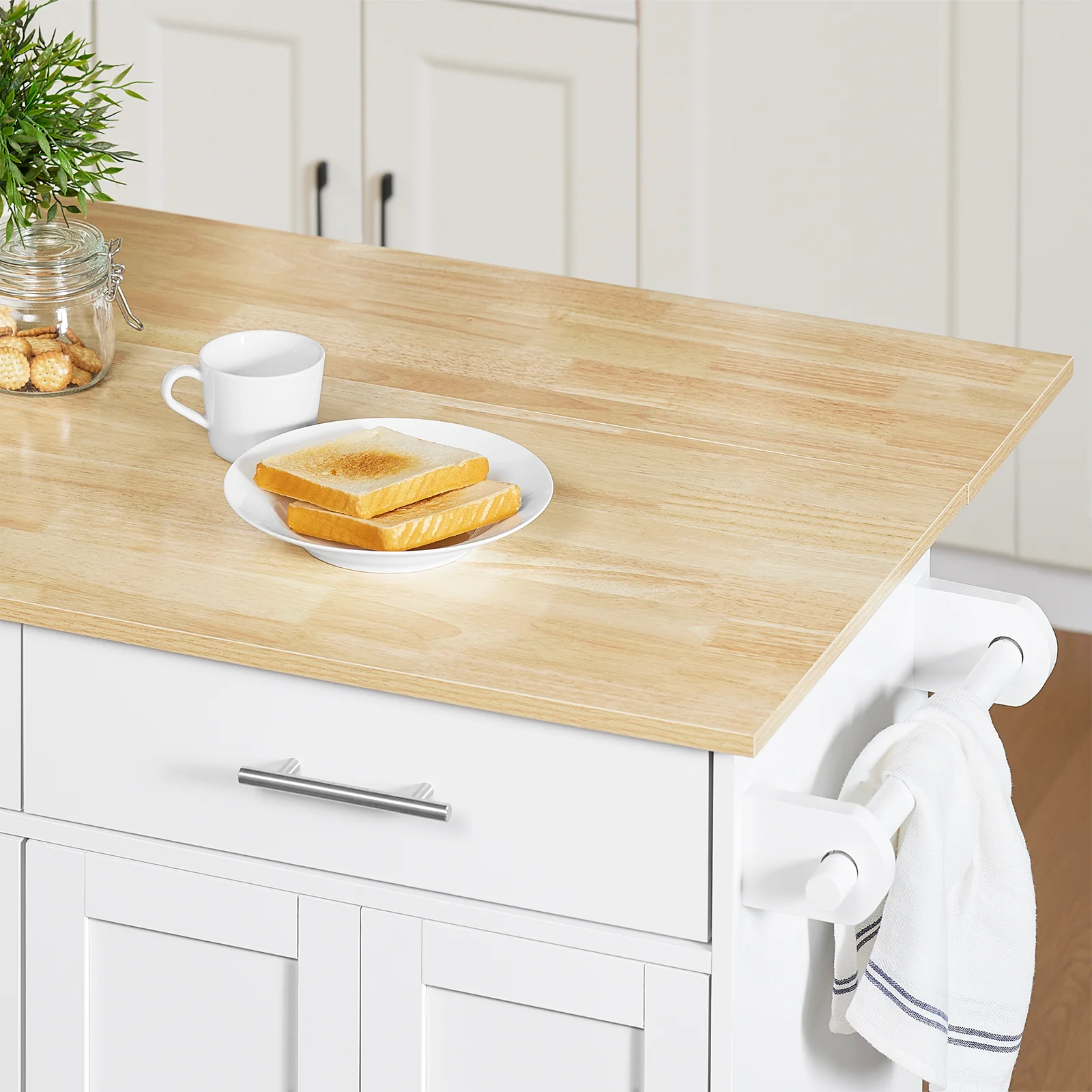 Pre-order SoBuy FKW129-WN Keukentrolley op Wielen – Keukeneiland met Uitschuifbaar Werkblad, 2 Lades en Verstelbare Planken – Mobiele Keukenwagen of Eettafelkast, Wit 113x91x(44-69) cm - Image 11