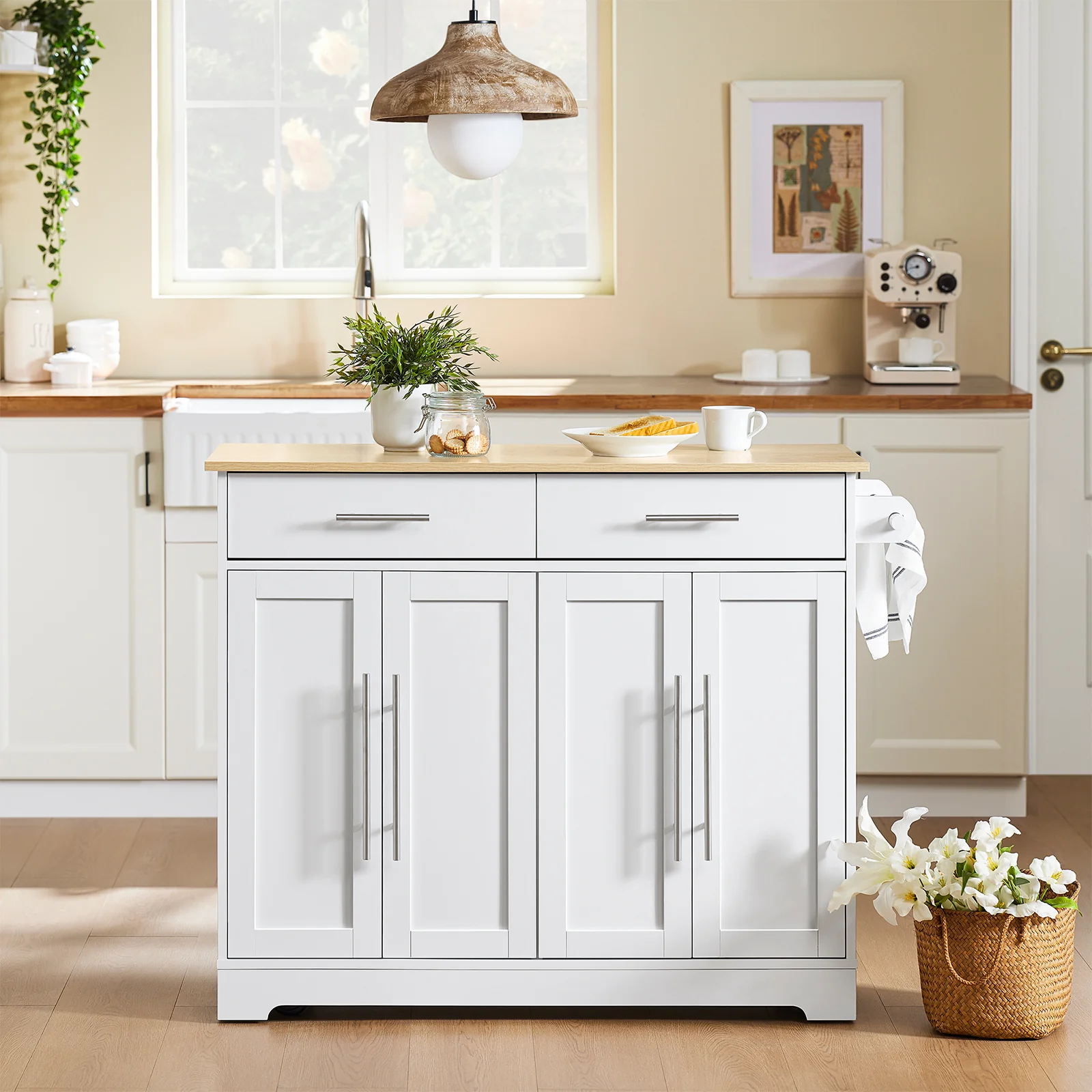Pre-order SoBuy FKW129-WN Keukentrolley op Wielen – Keukeneiland met Uitschuifbaar Werkblad, 2 Lades en Verstelbare Planken – Mobiele Keukenwagen of Eettafelkast, Wit 113x91x(44-69) cm - Image 2
