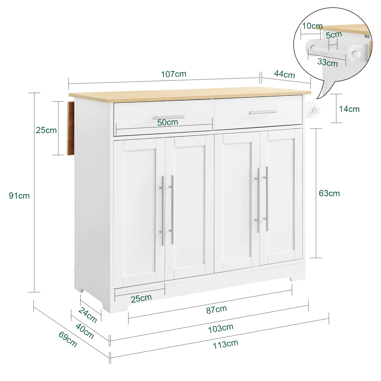 Pre-order SoBuy FKW129-WN Keukentrolley op Wielen – Keukeneiland met Uitschuifbaar Werkblad, 2 Lades en Verstelbare Planken – Mobiele Keukenwagen of Eettafelkast, Wit 113x91x(44-69) cm - Image 5