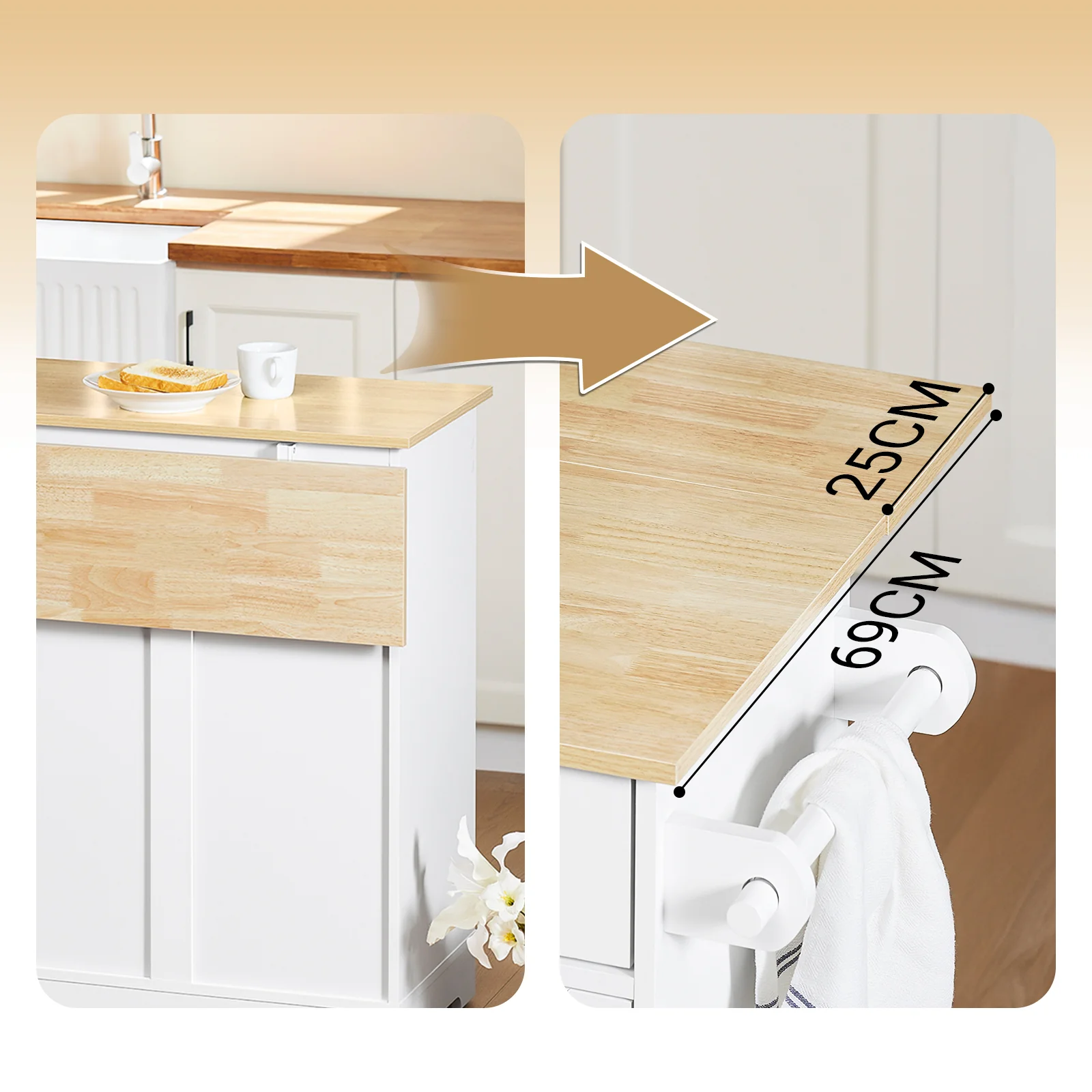 Pre-order SoBuy FKW129-WN Keukentrolley op Wielen – Keukeneiland met Uitschuifbaar Werkblad, 2 Lades en Verstelbare Planken – Mobiele Keukenwagen of Eettafelkast, Wit 113x91x(44-69) cm - Image 6