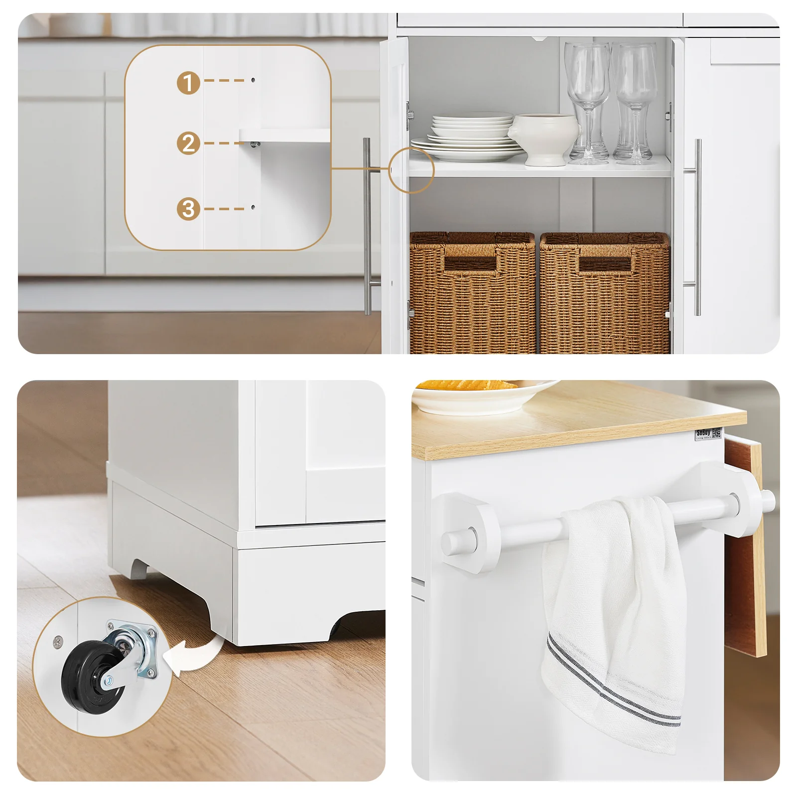 Pre-order SoBuy FKW129-WN Keukentrolley op Wielen – Keukeneiland met Uitschuifbaar Werkblad, 2 Lades en Verstelbare Planken – Mobiele Keukenwagen of Eettafelkast, Wit 113x91x(44-69) cm - Image 8