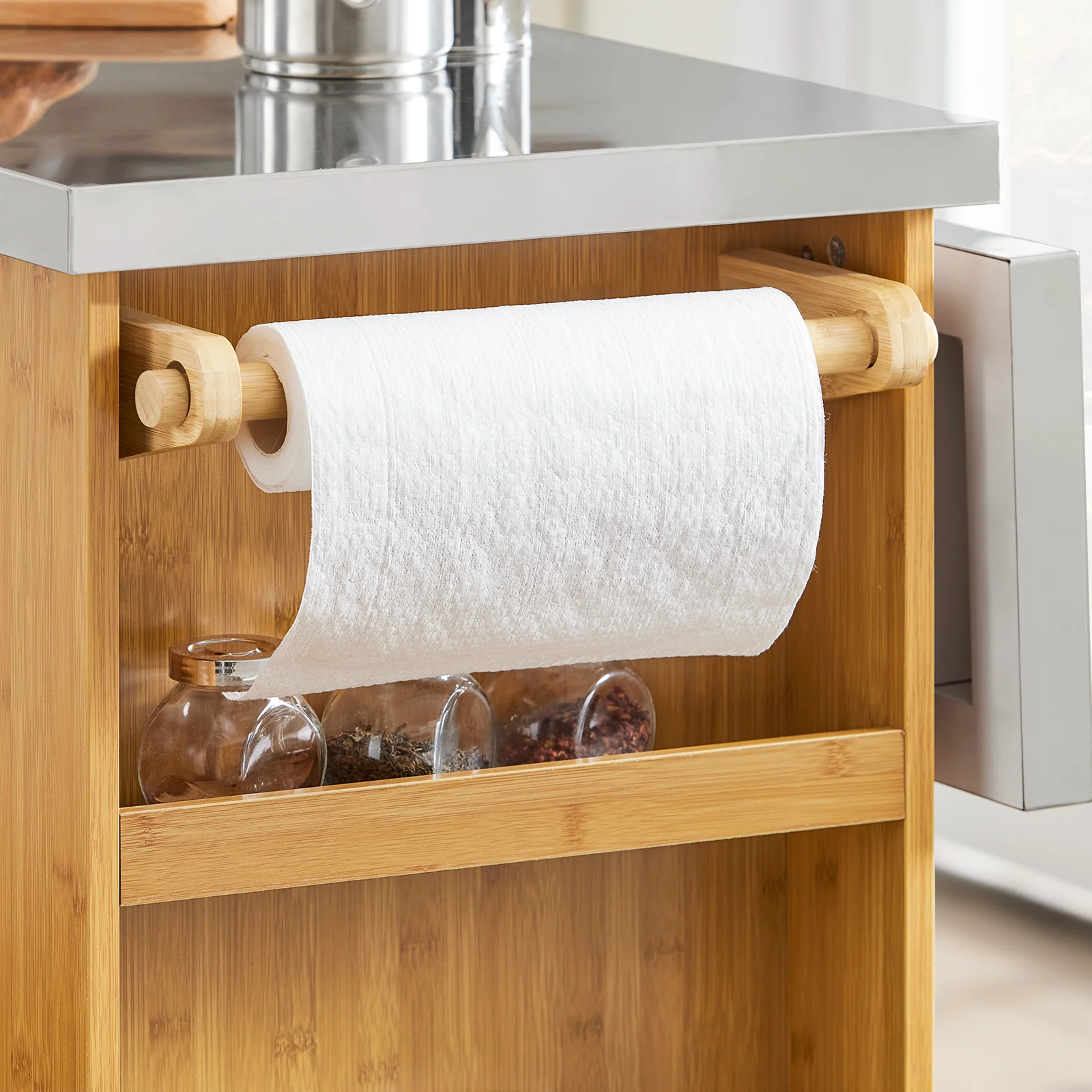 SoBuy FKW130-N Keukenkast op Wielen, Centrale Eiland met Uittrekbaar Werkblad, Mobiele Keukenwagen voor Keuken of Eetkamer, Keukenkast met Opbergruimte Natuur 107x(46–71) x92,5 cm - Image 10
