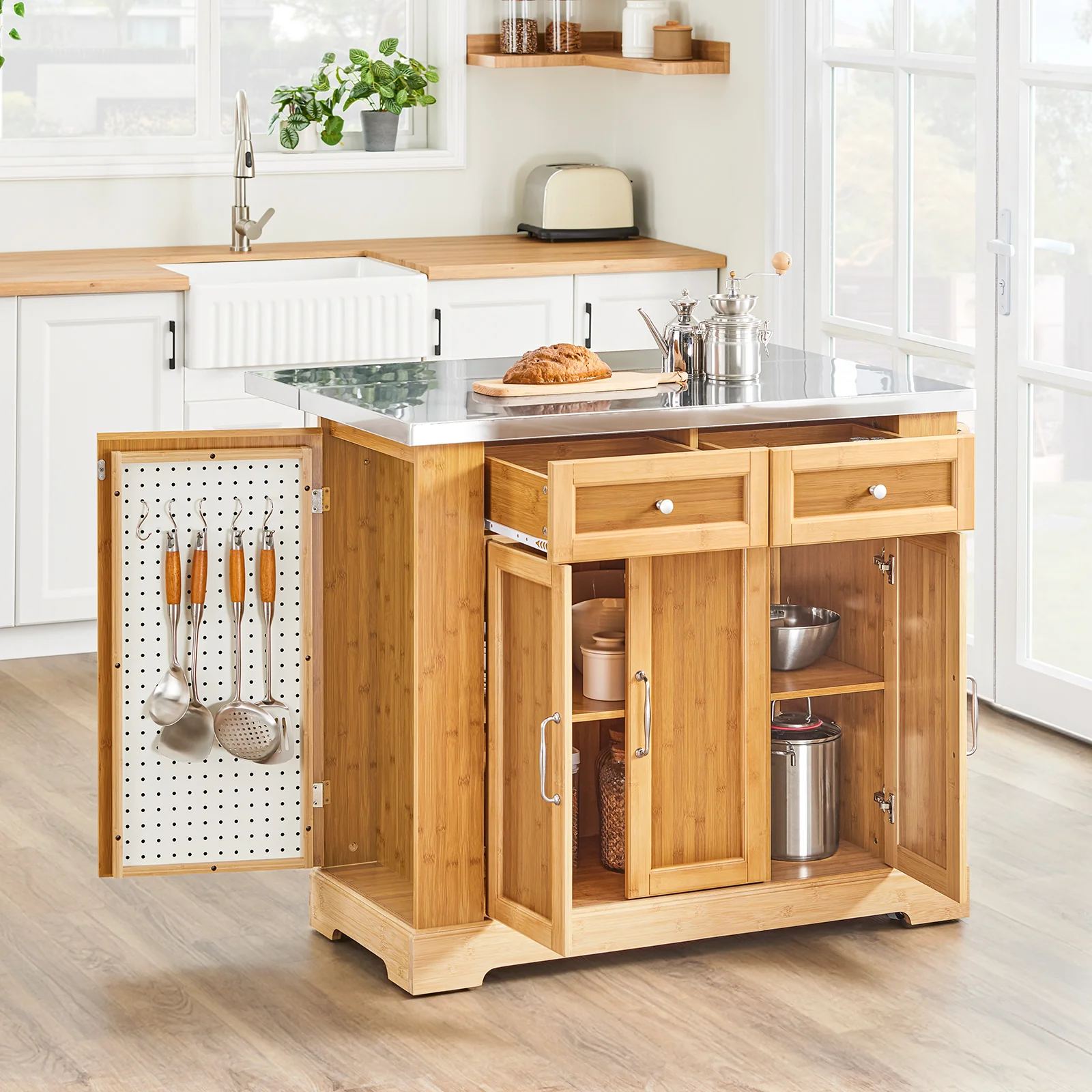 SoBuy FKW130-N Keukenkast op Wielen, Centrale Eiland met Uittrekbaar Werkblad, Mobiele Keukenwagen voor Keuken of Eetkamer, Keukenkast met Opbergruimte Natuur 107x(46–71) x92,5 cm - Image 3