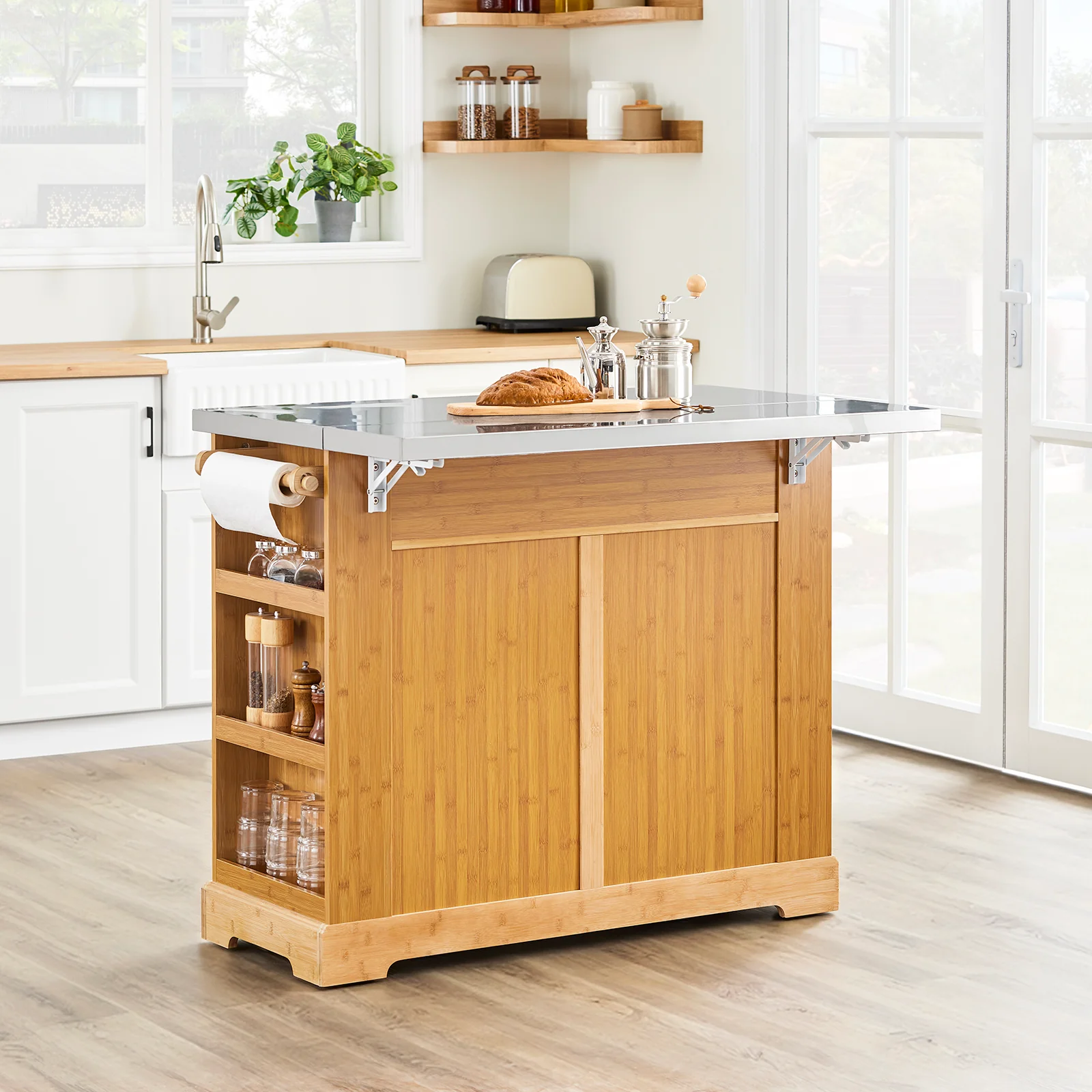 SoBuy FKW130-N Keukenkast op Wielen, Centrale Eiland met Uittrekbaar Werkblad, Mobiele Keukenwagen voor Keuken of Eetkamer, Keukenkast met Opbergruimte Natuur 107x(46–71) x92,5 cm - Image 4