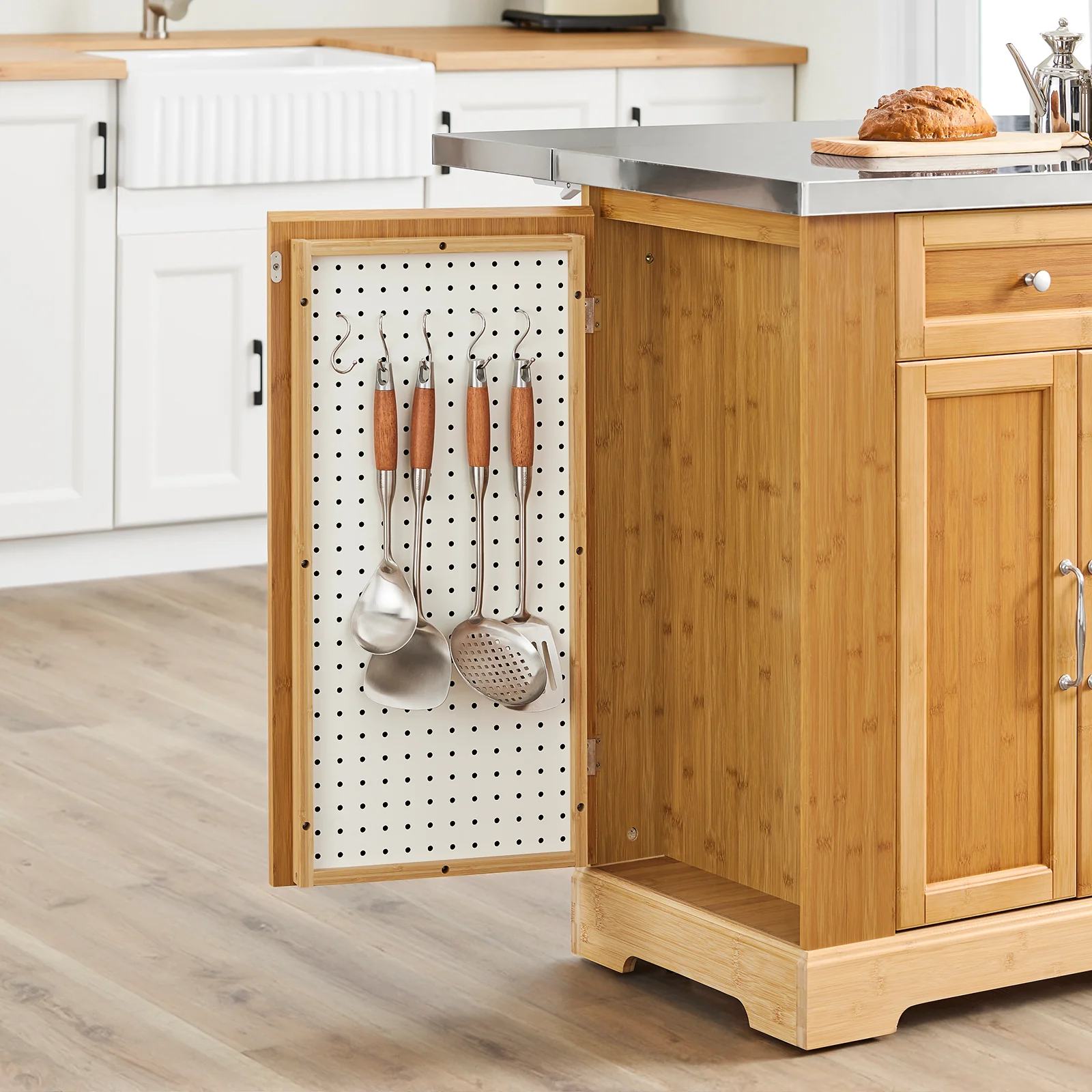 SoBuy FKW130-N Keukenkast op Wielen, Centrale Eiland met Uittrekbaar Werkblad, Mobiele Keukenwagen voor Keuken of Eetkamer, Keukenkast met Opbergruimte Natuur 107x(46–71) x92,5 cm - Image 6