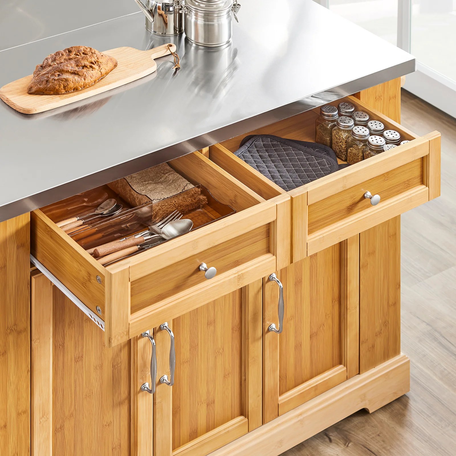 SoBuy FKW130-N Keukenkast op Wielen, Centrale Eiland met Uittrekbaar Werkblad, Mobiele Keukenwagen voor Keuken of Eetkamer, Keukenkast met Opbergruimte Natuur 107x(46–71) x92,5 cm - Image 7