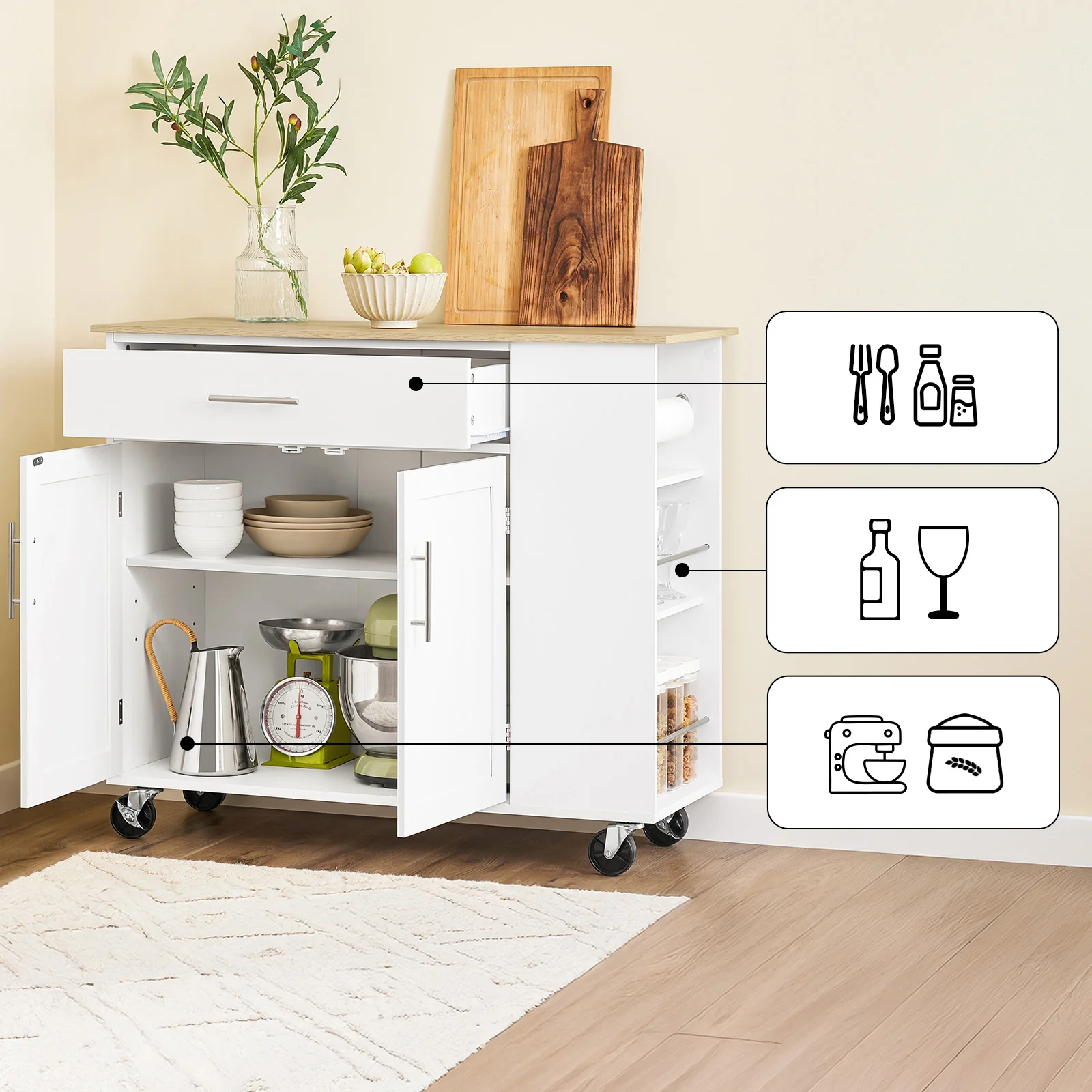 SoBuy FKW133-WN Verrijdbaar Keukeneiland – Keuken Trolley op Wieltjes – Keukenmeubel met Werkblad en Lade voor Eetkamer of Buitenkeuken, Wit 99x40x85 cm - Image 3