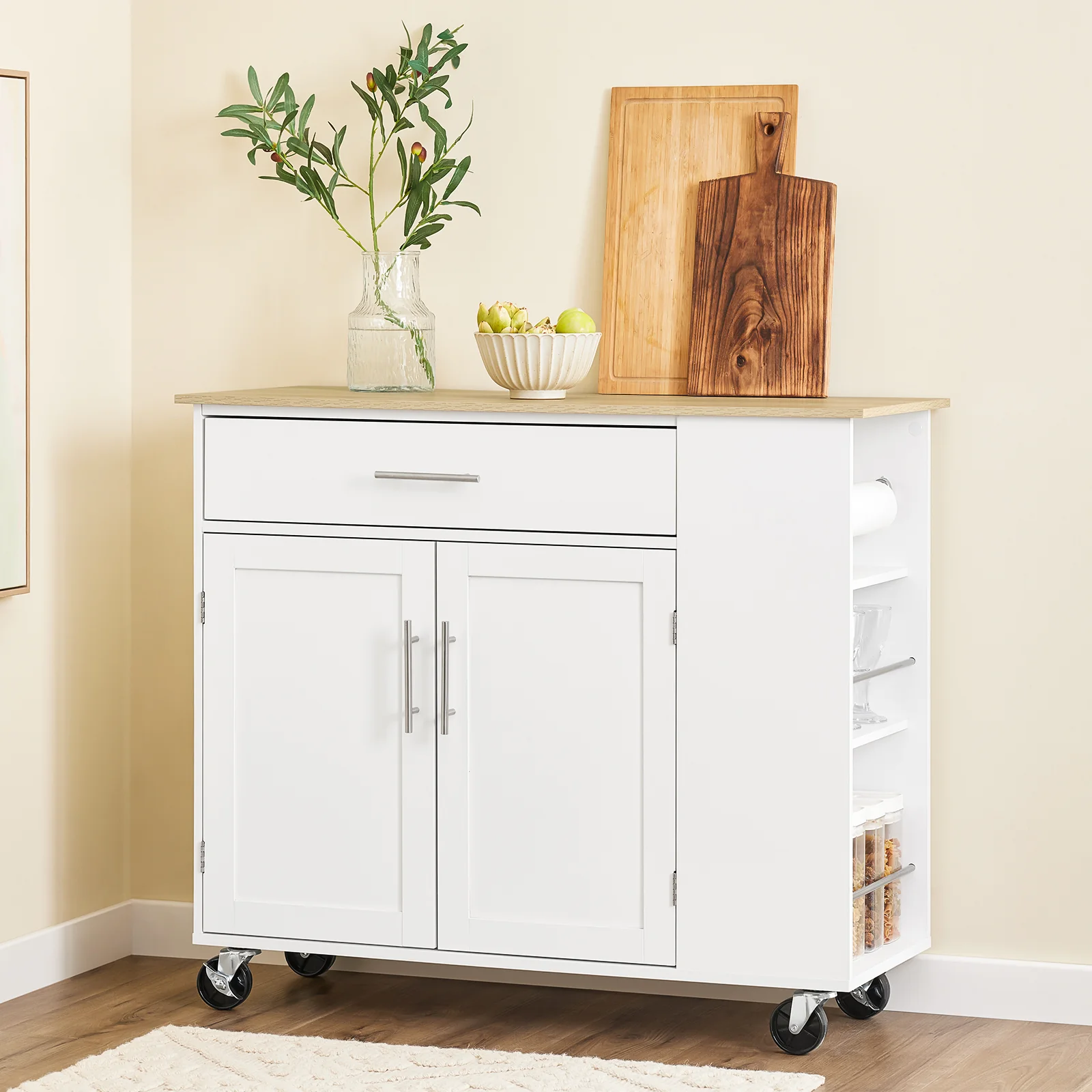 SoBuy FKW133-WN Verrijdbaar Keukeneiland – Keuken Trolley op Wieltjes – Keukenmeubel met Werkblad en Lade voor Eetkamer of Buitenkeuken, Wit 99x40x85 cm - Image 4