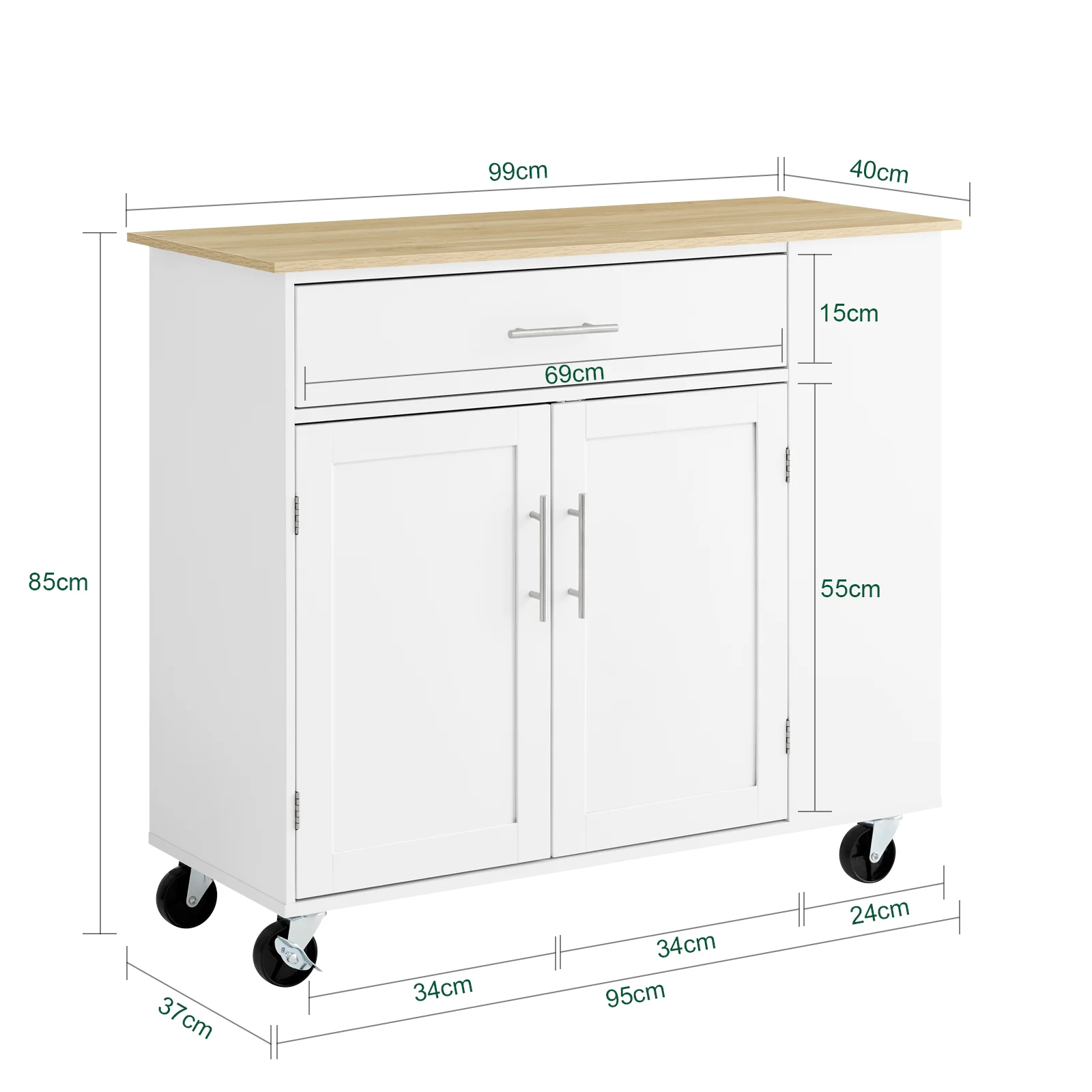 SoBuy FKW133-WN Verrijdbaar Keukeneiland – Keuken Trolley op Wieltjes – Keukenmeubel met Werkblad en Lade voor Eetkamer of Buitenkeuken, Wit 99x40x85 cm - Image 5