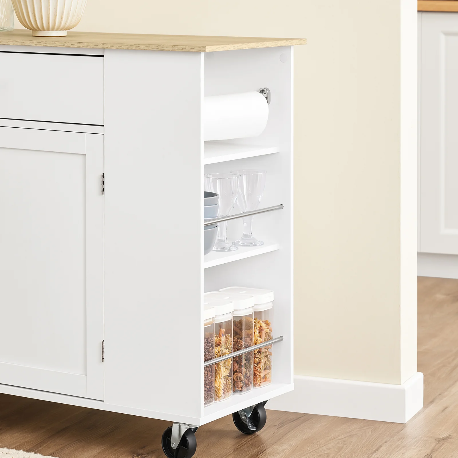 SoBuy FKW133-WN Verrijdbaar Keukeneiland – Keuken Trolley op Wieltjes – Keukenmeubel met Werkblad en Lade voor Eetkamer of Buitenkeuken, Wit 99x40x85 cm - Image 9