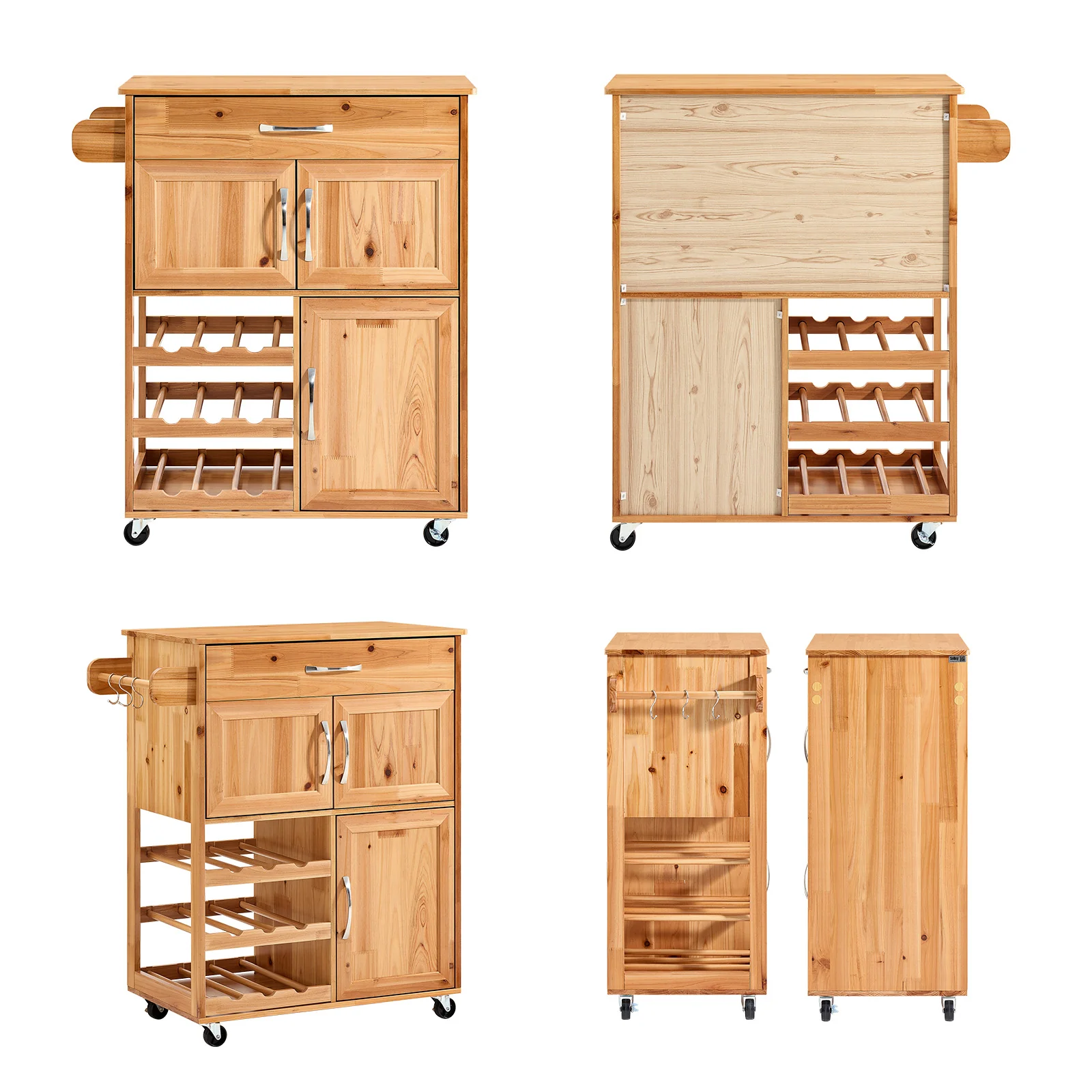 SoBuy FKW45-N Massief Houten Keukenkast op Wielen met Werkblad – Compact Keukeneiland met Wijnrek – 66×38×86 cm, Naturel - Image 16