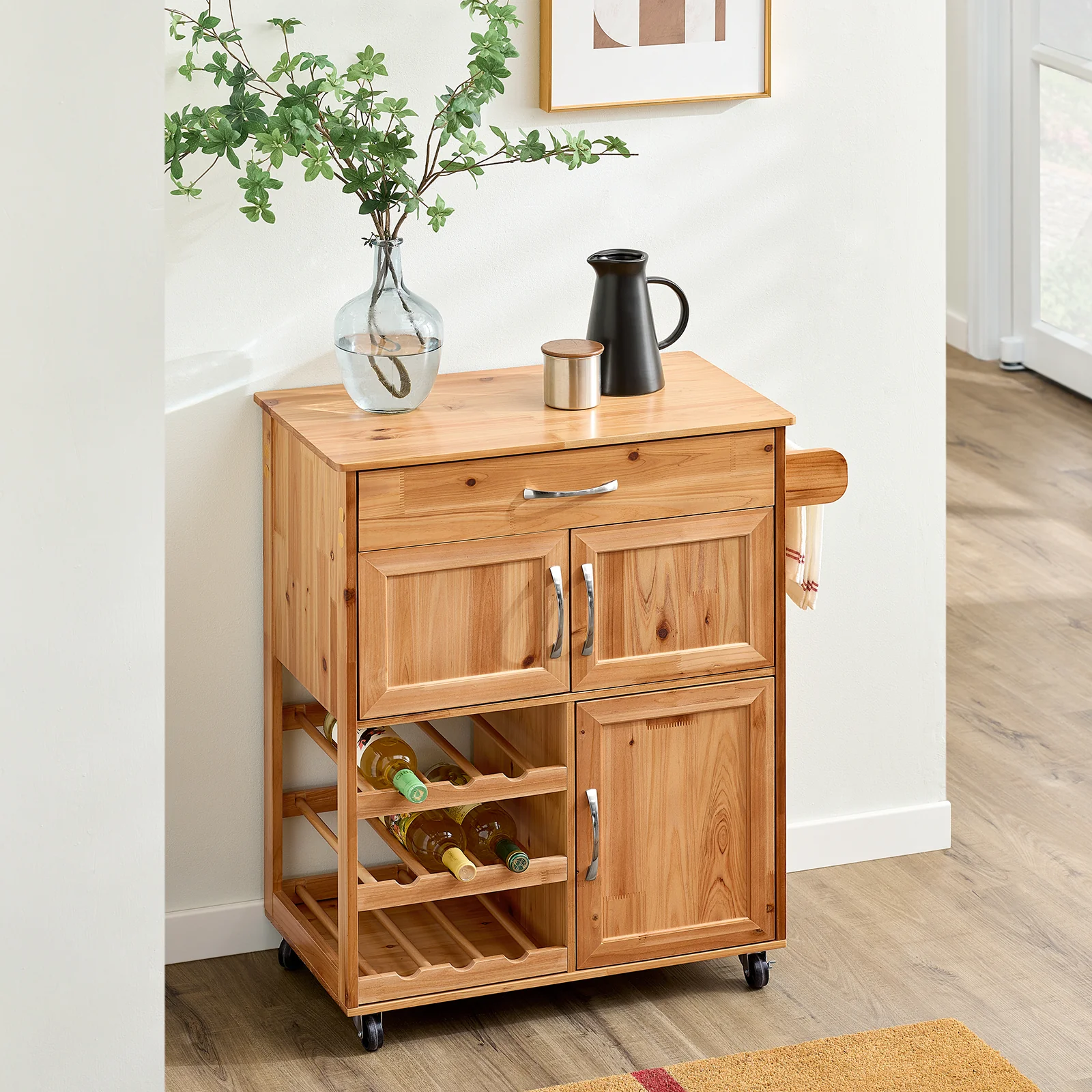 SoBuy FKW45-N Massief Houten Keukenkast op Wielen met Werkblad – Compact Keukeneiland met Wijnrek – 66×38×86 cm, Naturel - Image 3