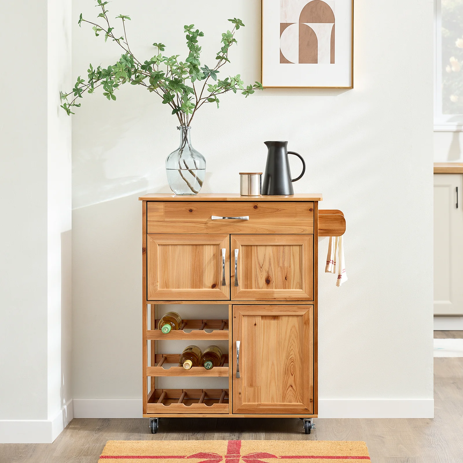 SoBuy FKW45-N Massief Houten Keukenkast op Wielen met Werkblad – Compact Keukeneiland met Wijnrek – 66×38×86 cm, Naturel - Image 4