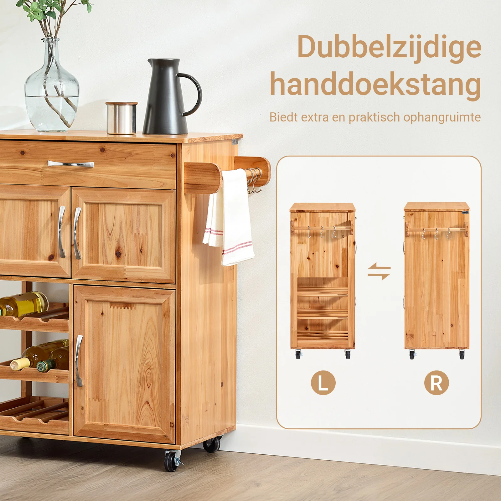 SoBuy FKW45-N Massief Houten Keukenkast op Wielen met Werkblad – Compact Keukeneiland met Wijnrek – 66×38×86 cm, Naturel - Image 6