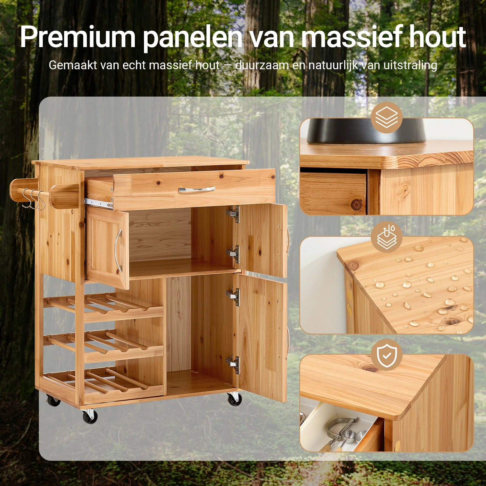SoBuy FKW45-N Massief Houten Keukenkast op Wielen met Werkblad – Compact Keukeneiland met Wijnrek – 66×38×86 cm, Naturel - Image 7