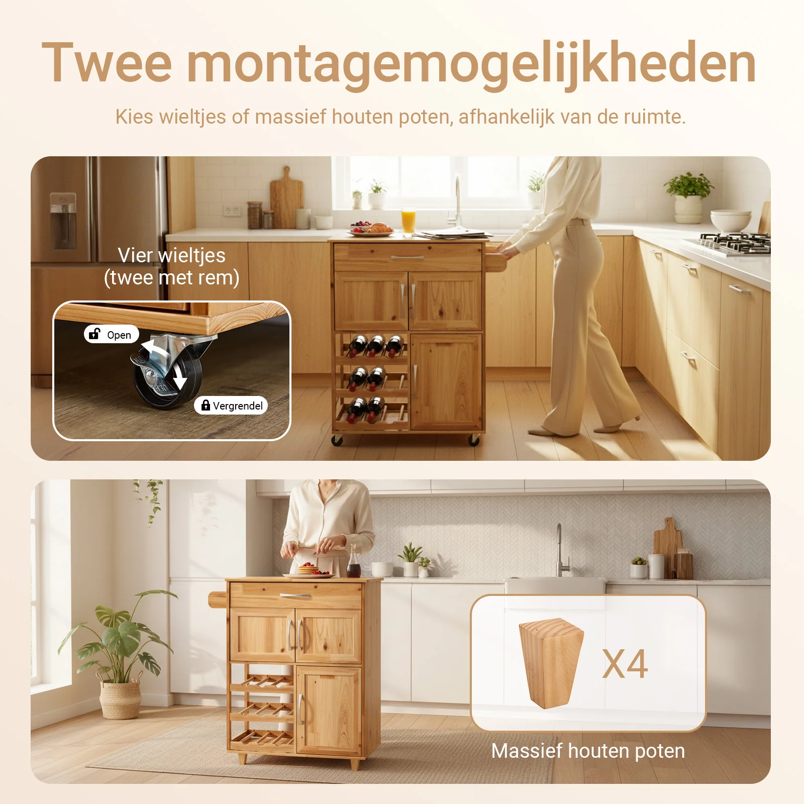 SoBuy FKW45-N Massief Houten Keukenkast op Wielen met Werkblad – Compact Keukeneiland met Wijnrek – 66×38×86 cm, Naturel - Image 8