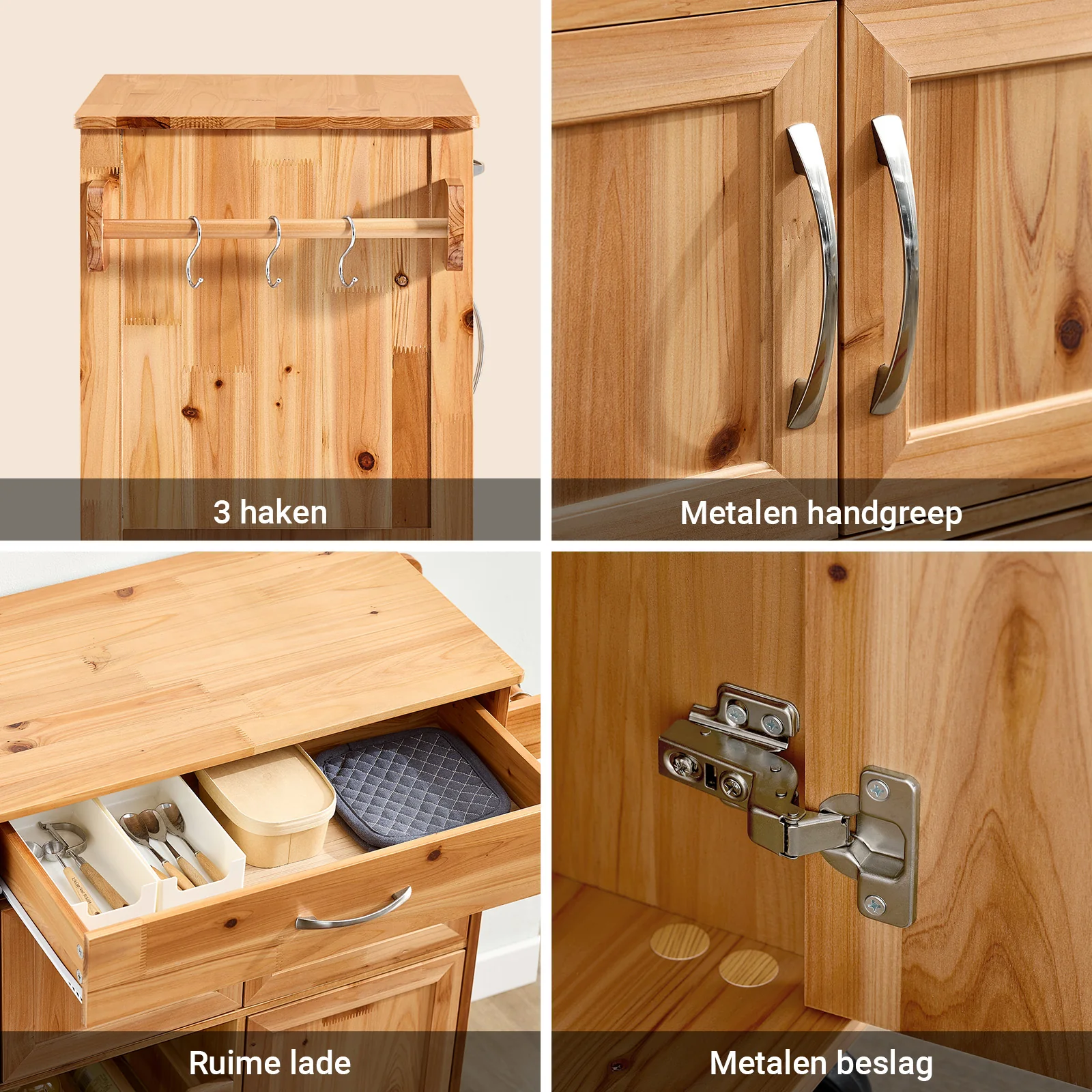 SoBuy FKW45-N Massief Houten Keukenkast op Wielen met Werkblad – Compact Keukeneiland met Wijnrek – 66×38×86 cm, Naturel - Image 9