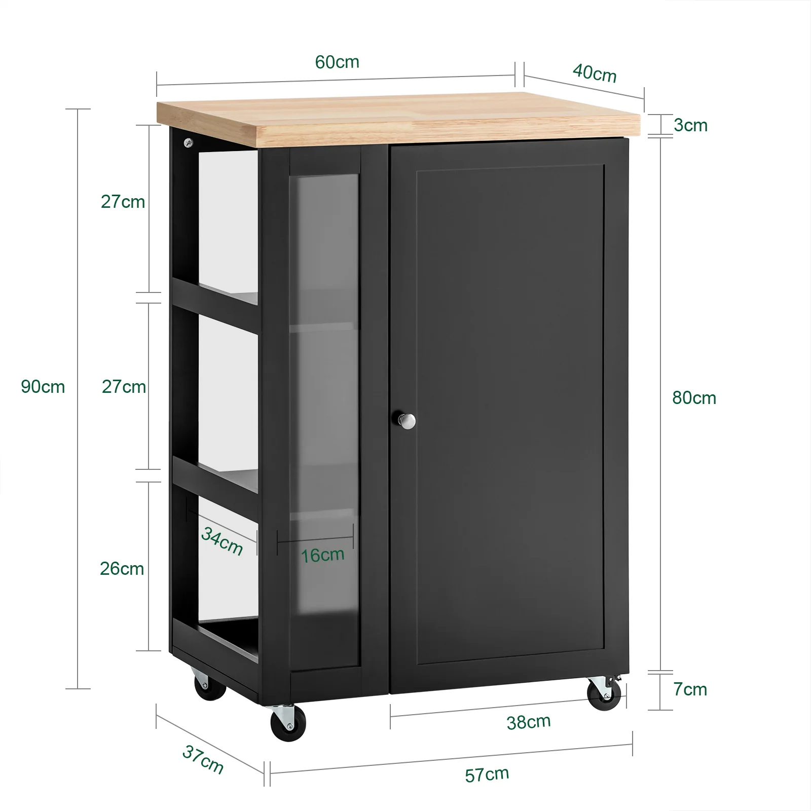 Pre-order SoBuy FKW75-SCH Keukenkast met Wielen en Zijplank – Zwart Keukenkastje met Één Deur – Mobiele Keukentrolley voor Compacte Opslag en Werkblad, 60x92x45 cm - Image 5