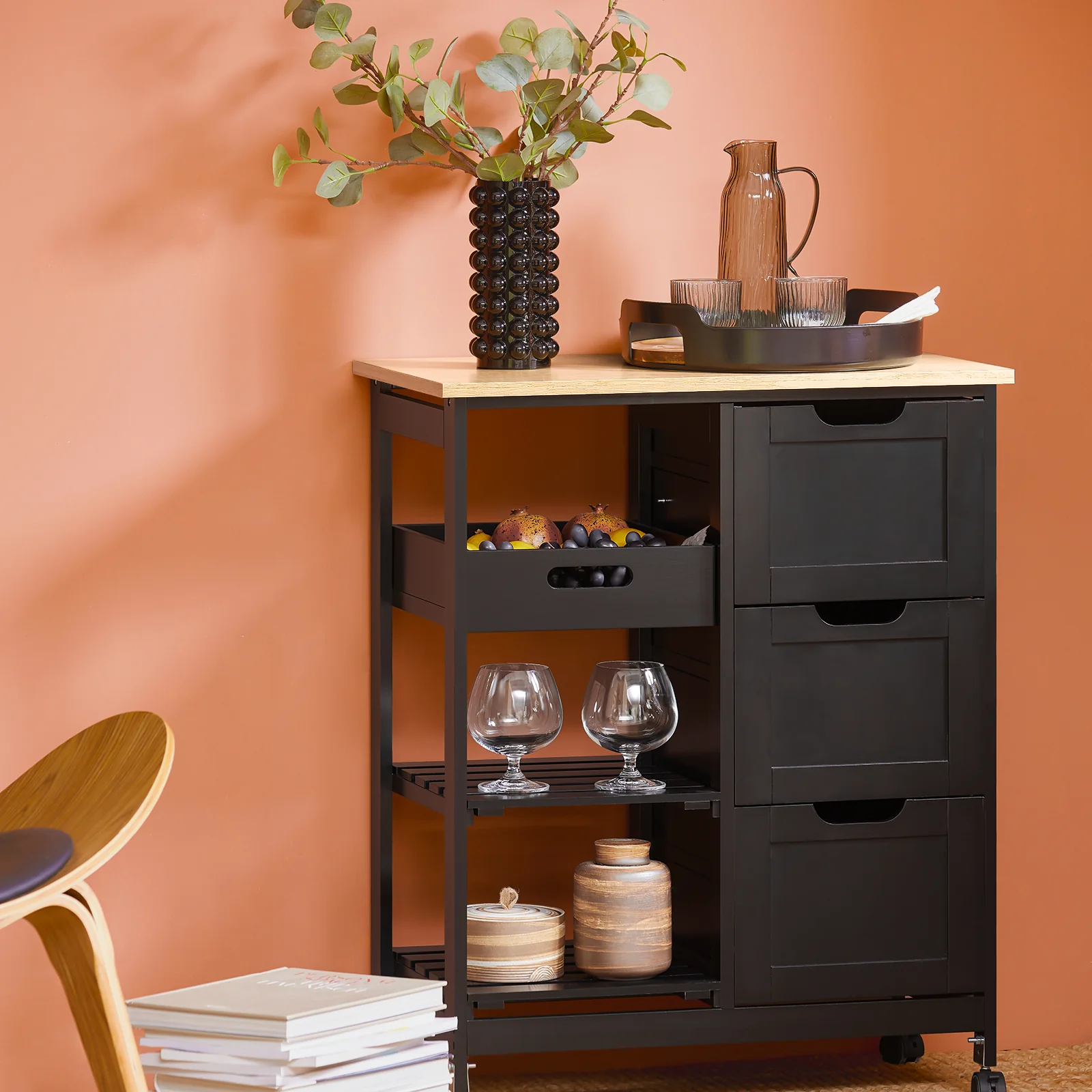SoBuy FKW79-SCH Keukenkast op Wieltjes, Keuken Desserte met 3 Laden en 1 Verstelbaar Rek, Keukenopbergrek, L68xB38xH85cm, Zwart - Image 3